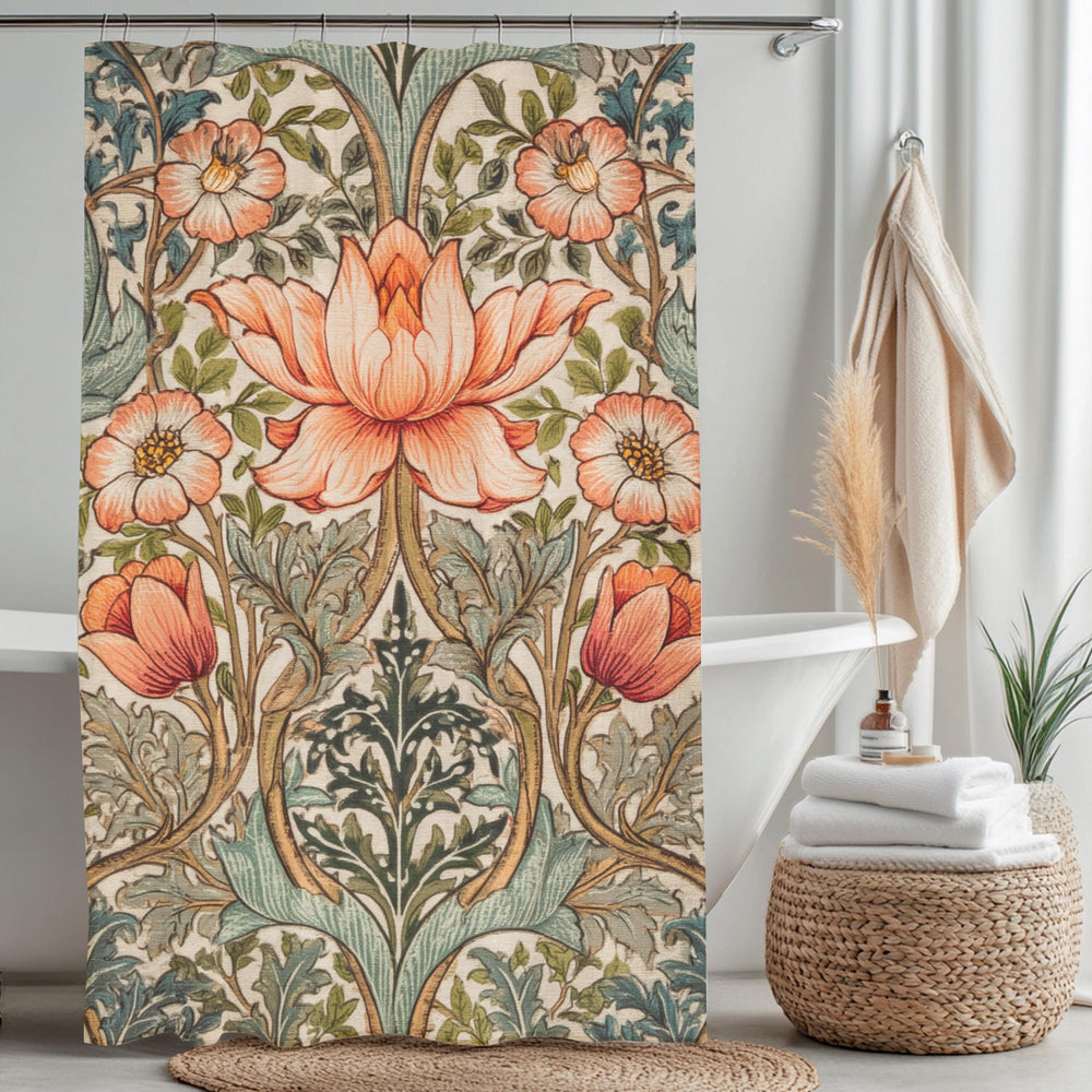 William Morris Style Shower Curtain, Vintage Botanical Bathroom Decor, Floral Pattern Bath Panel, Cottagecore Curtain Gift