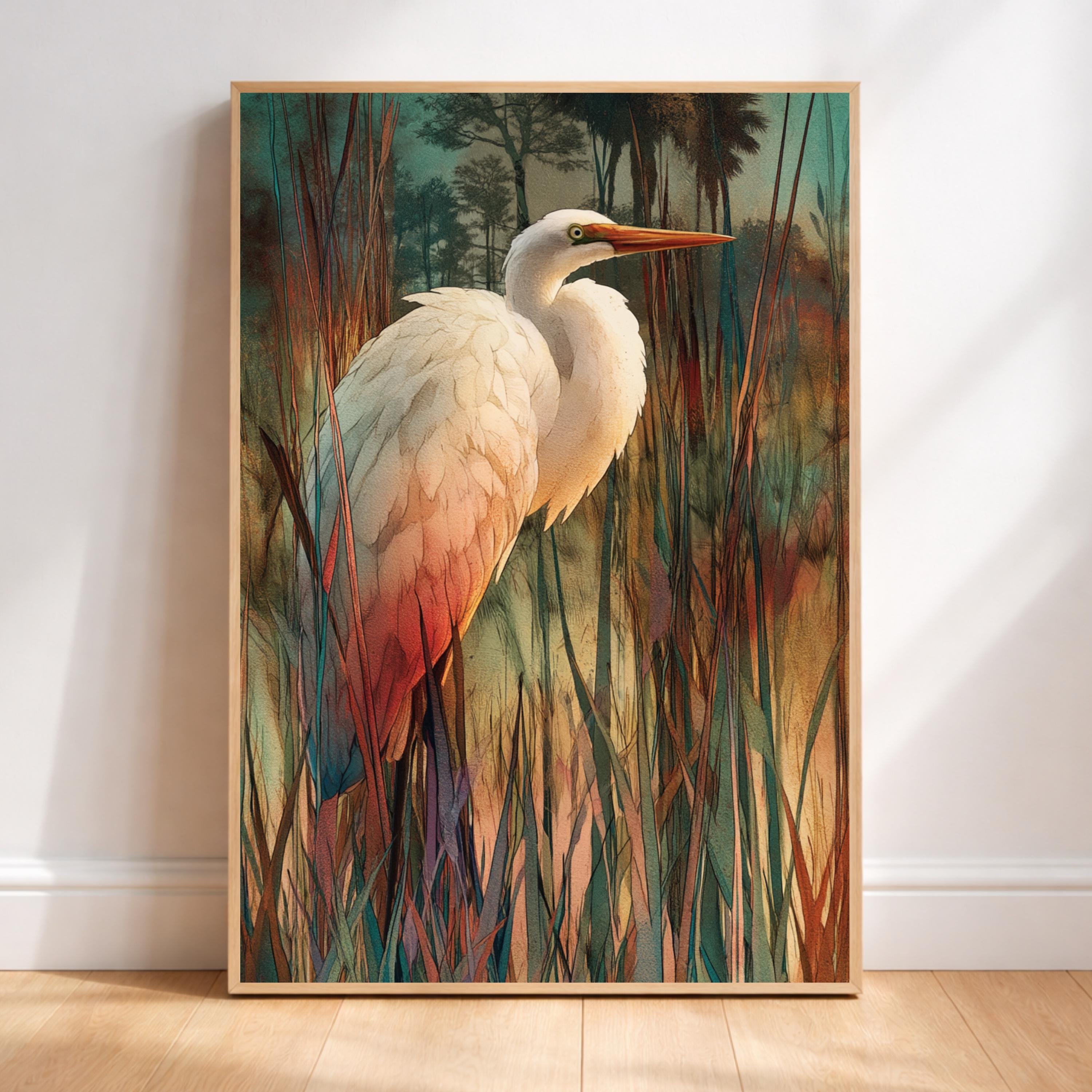 Egret Bird Wall Art, Wetland Wildlife Print, Nature Landscape Home Decor, Coastal Artwork for Living Room, Elegant Bird Framed Canvas
