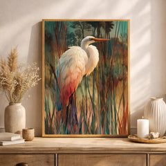 Egret Bird Wall Art, Wetland Wildlife Print, Nature Landscape Home Decor, Coastal Artwork for Living Room, Elegant Bird Framed Canvas