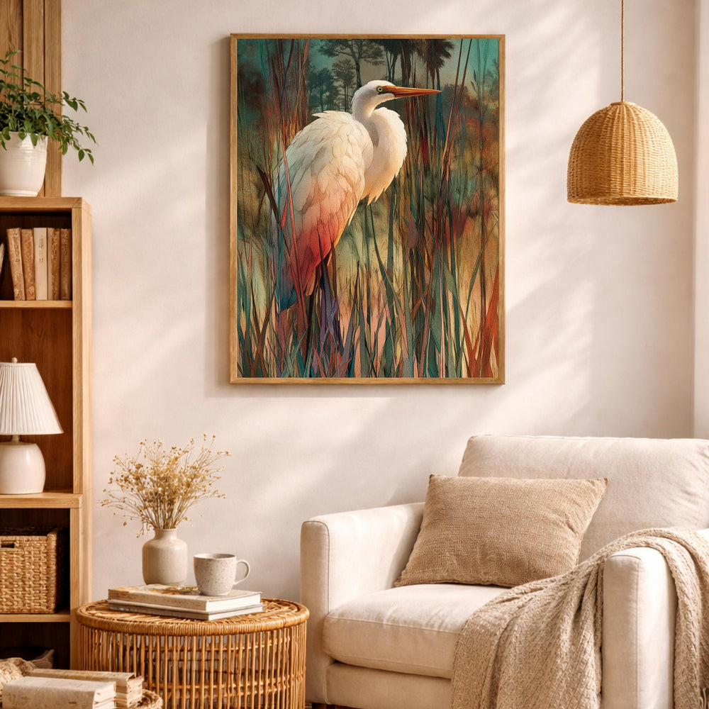 Egret Bird Wall Art, Wetland Wildlife Print, Nature Landscape Home Decor, Coastal Artwork for Living Room, Elegant Bird Framed Canvas