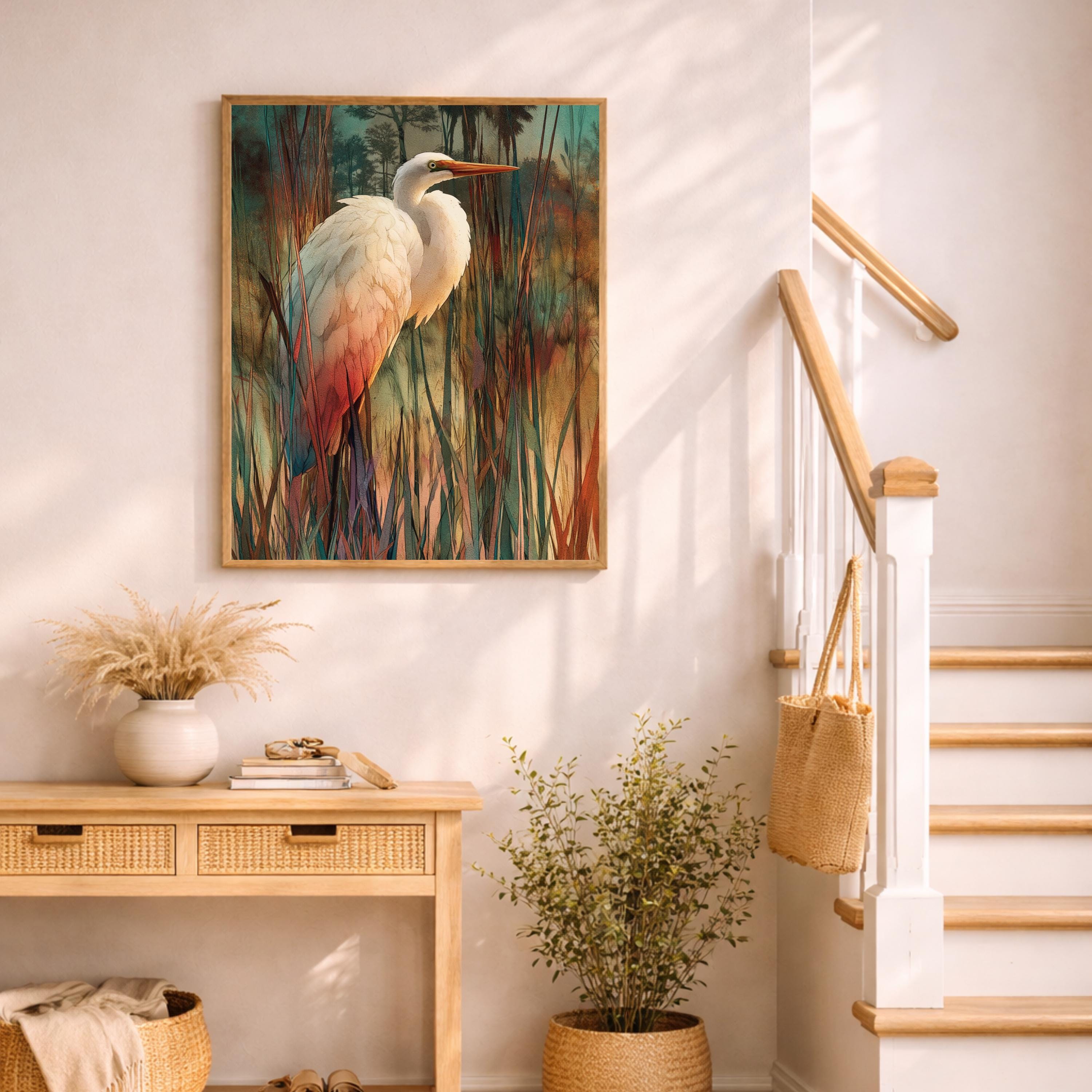 Egret Bird Wall Art, Wetland Wildlife Print, Nature Landscape Home Decor, Coastal Artwork for Living Room, Elegant Bird Framed Canvas