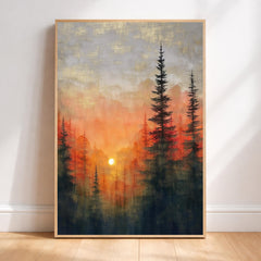 Forest Sunset Wall Art, Evergreen Landscape Print, Nature Scenery Artwork, Rustic Cabin Decor, Warm Home Accent for Living Room