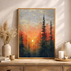 Forest Sunset Wall Art, Evergreen Landscape Print, Nature Scenery Artwork, Rustic Cabin Decor, Warm Home Accent for Living Room