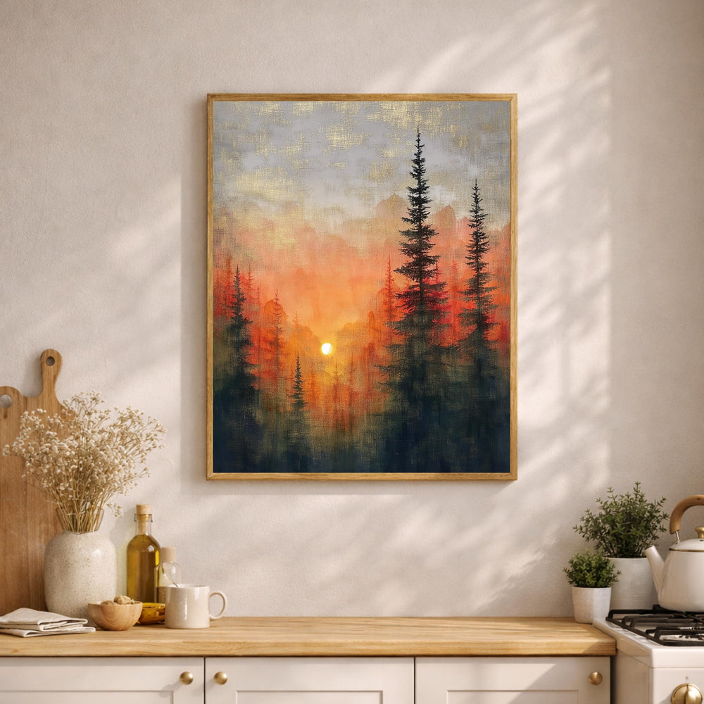 Forest Sunset Wall Art, Evergreen Landscape Print, Nature Scenery Artwork, Rustic Cabin Decor, Warm Home Accent for Living Room