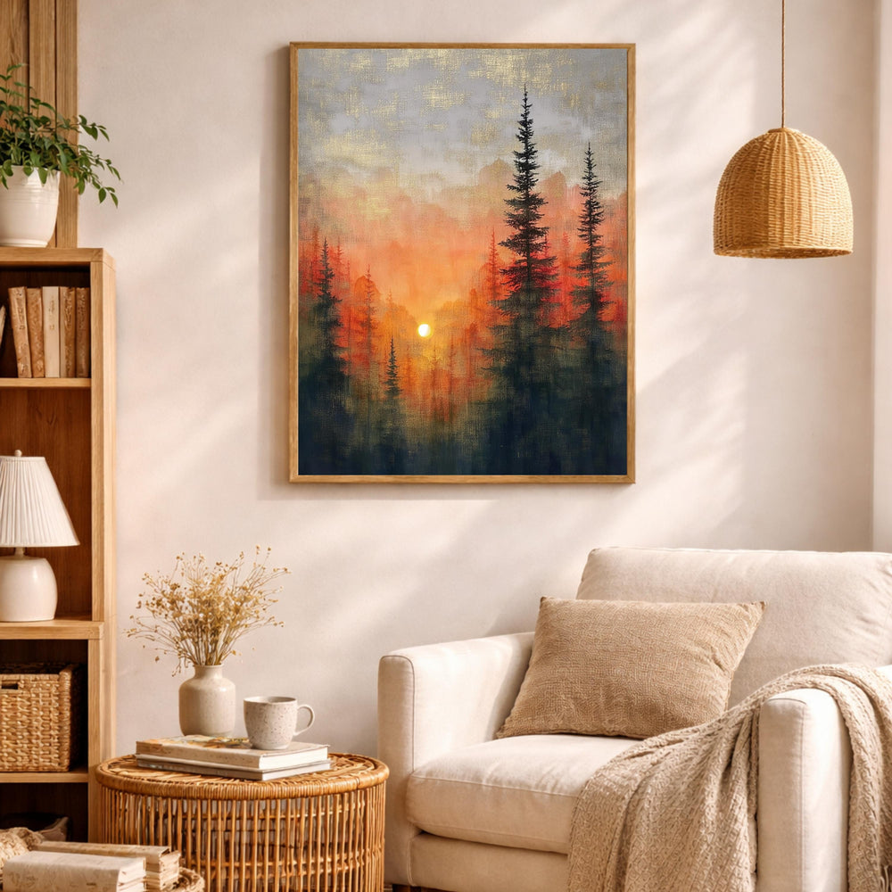Forest Sunset Wall Art, Evergreen Landscape Print, Nature Scenery Artwork, Rustic Cabin Decor, Warm Home Accent for Living Room