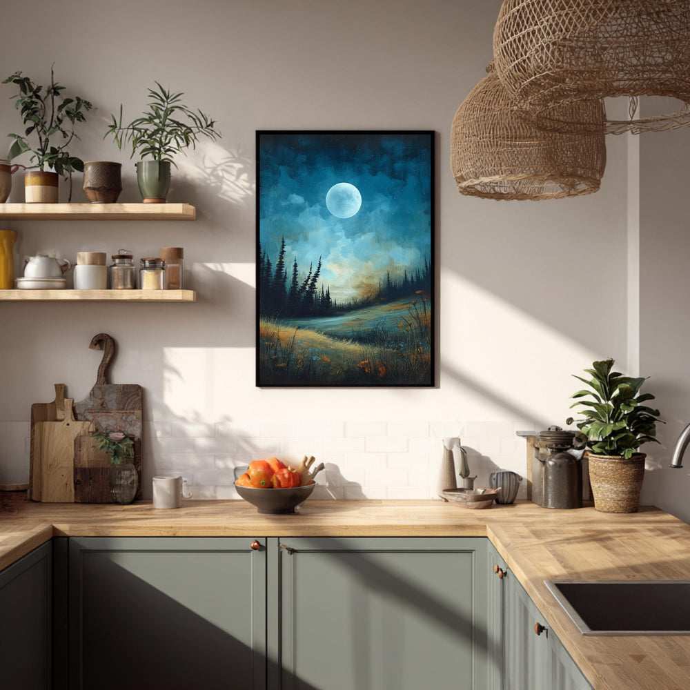 Moonlit Wall Art, Night Landscape Print, Forest Moonlight Framed Canvas, Moody Nature Artwork for Bedroom, Blue Green Home Decor
