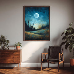 Moonlit Wall Art, Night Landscape Print, Forest Moonlight Framed Canvas, Moody Nature Artwork for Bedroom, Blue Green Home Decor