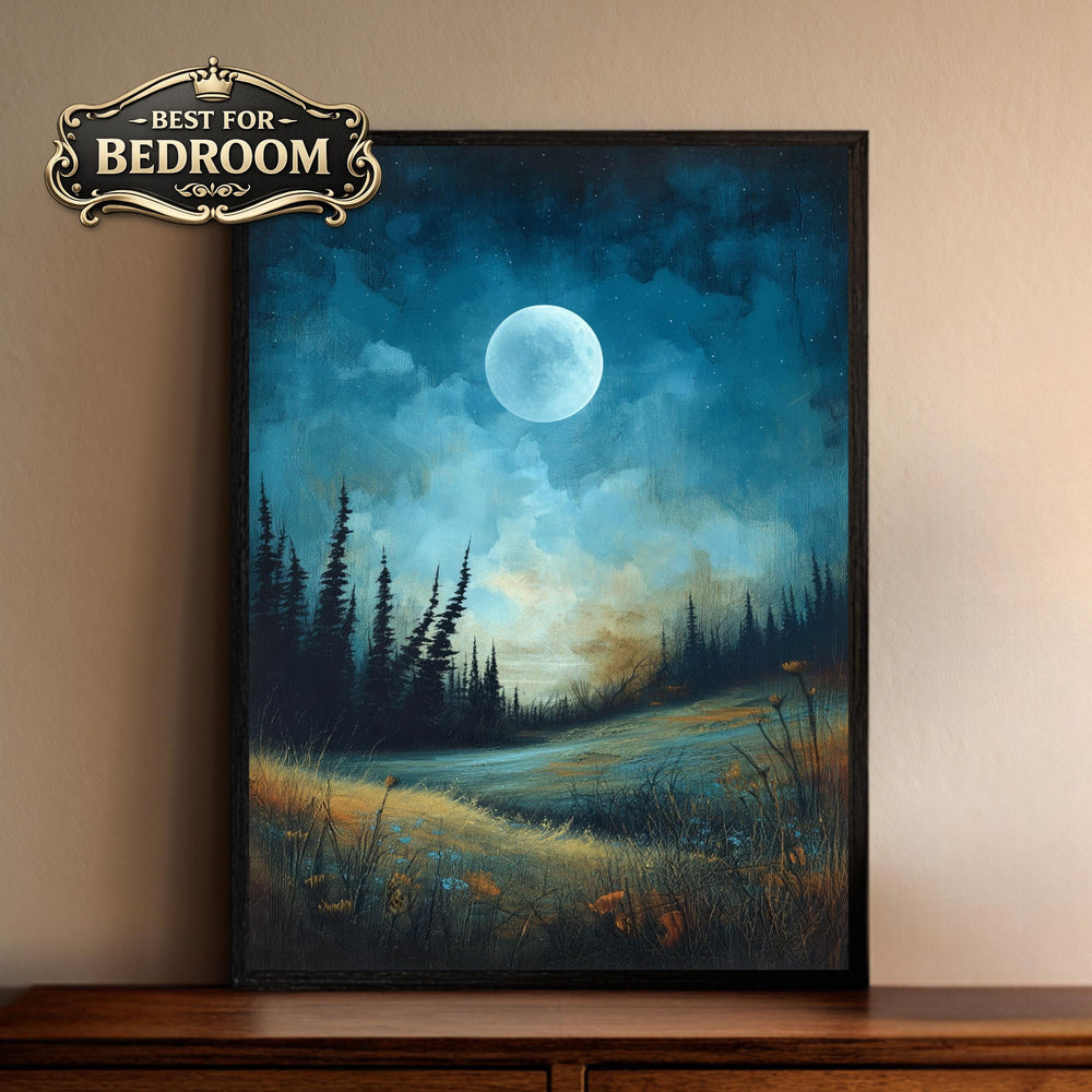 Moonlit Wall Art, Night Landscape Print, Forest Moonlight Framed Canvas, Moody Nature Artwork for Bedroom, Blue Green Home Decor