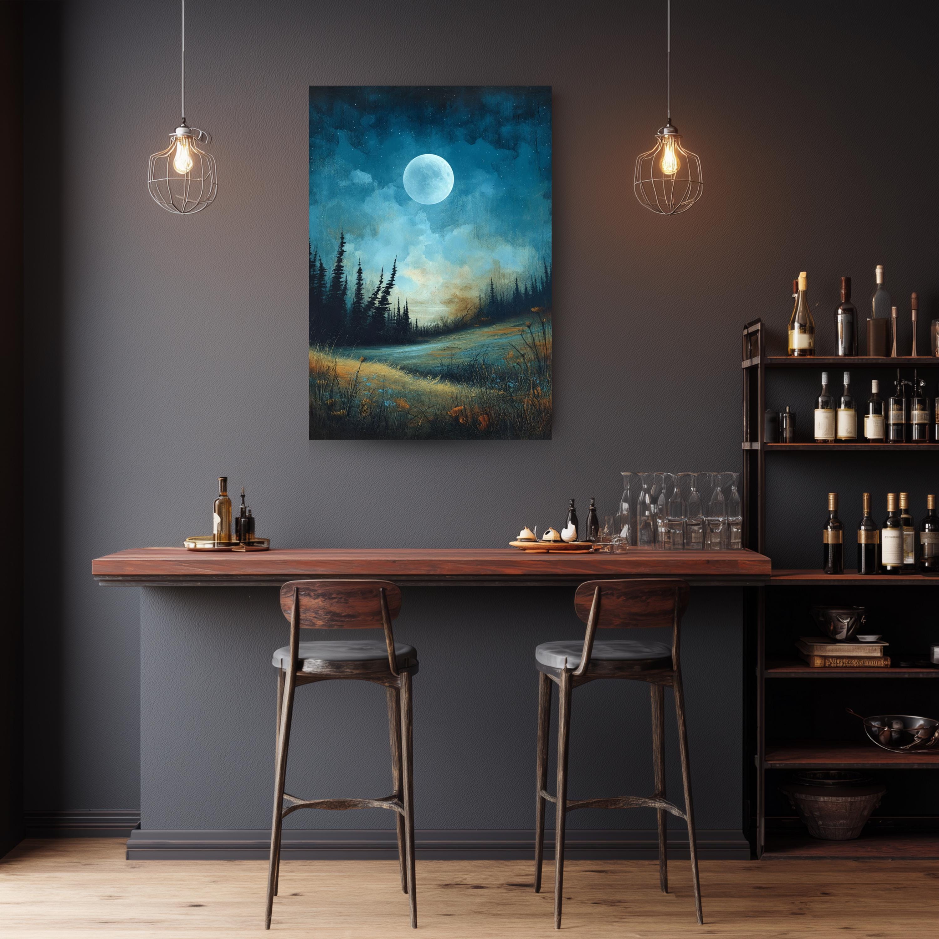 Moonlit Wall Art, Night Landscape Print, Forest Moonlight Framed Canvas, Moody Nature Artwork for Bedroom, Blue Green Home Decor