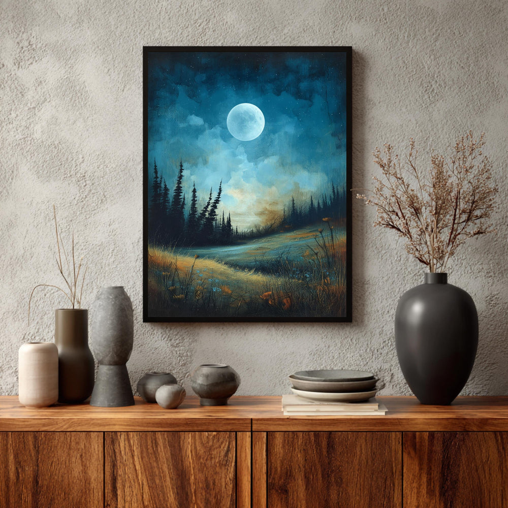 Moonlit Wall Art, Night Landscape Print, Forest Moonlight Framed Canvas, Moody Nature Artwork for Bedroom, Blue Green Home Decor