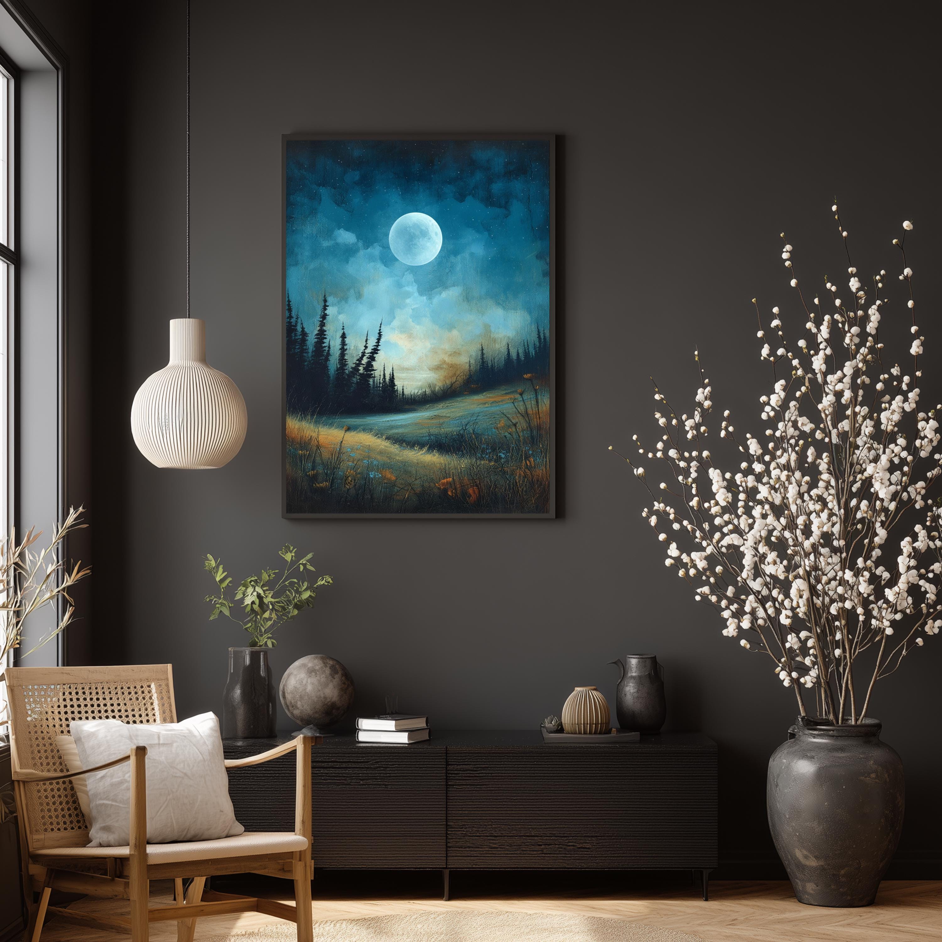 Moonlit Wall Art, Night Landscape Print, Forest Moonlight Framed Canvas, Moody Nature Artwork for Bedroom, Blue Green Home Decor