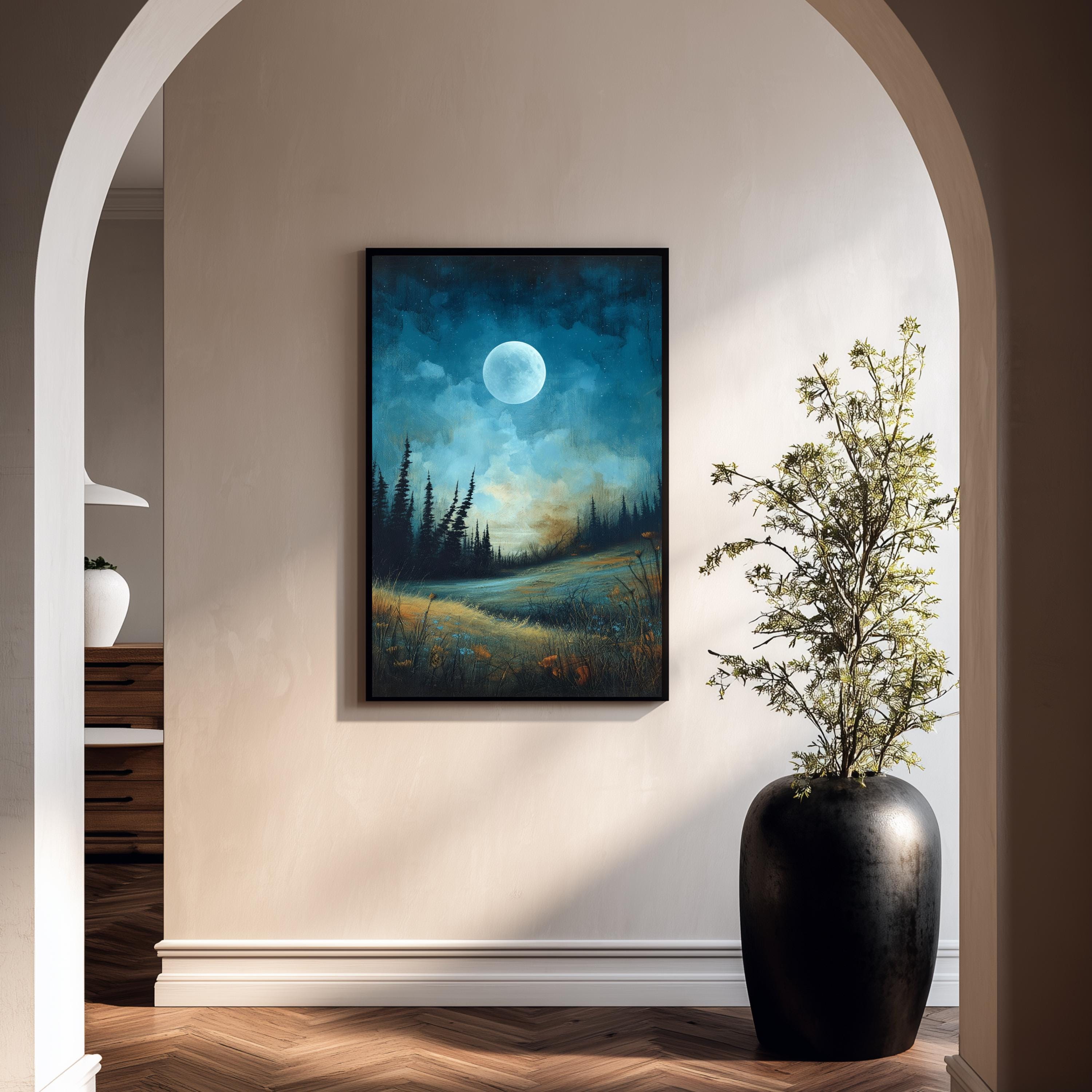 Moonlit Wall Art, Night Landscape Print, Forest Moonlight Framed Canvas, Moody Nature Artwork for Bedroom, Blue Green Home Decor
