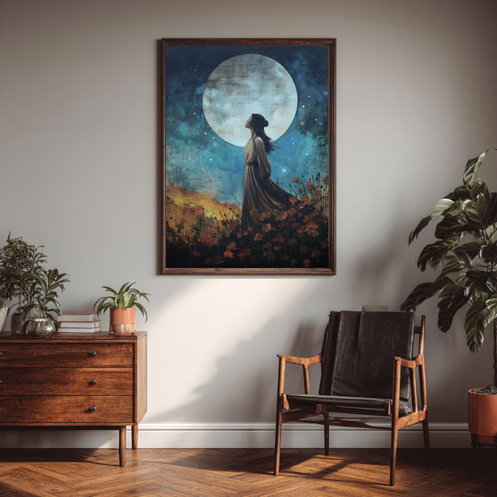 Celestial Woman Wall Art, Moon Goddess Print, Mystical Night Artwork, Feminine Spiritual Decor, Boho Framed Canvas
