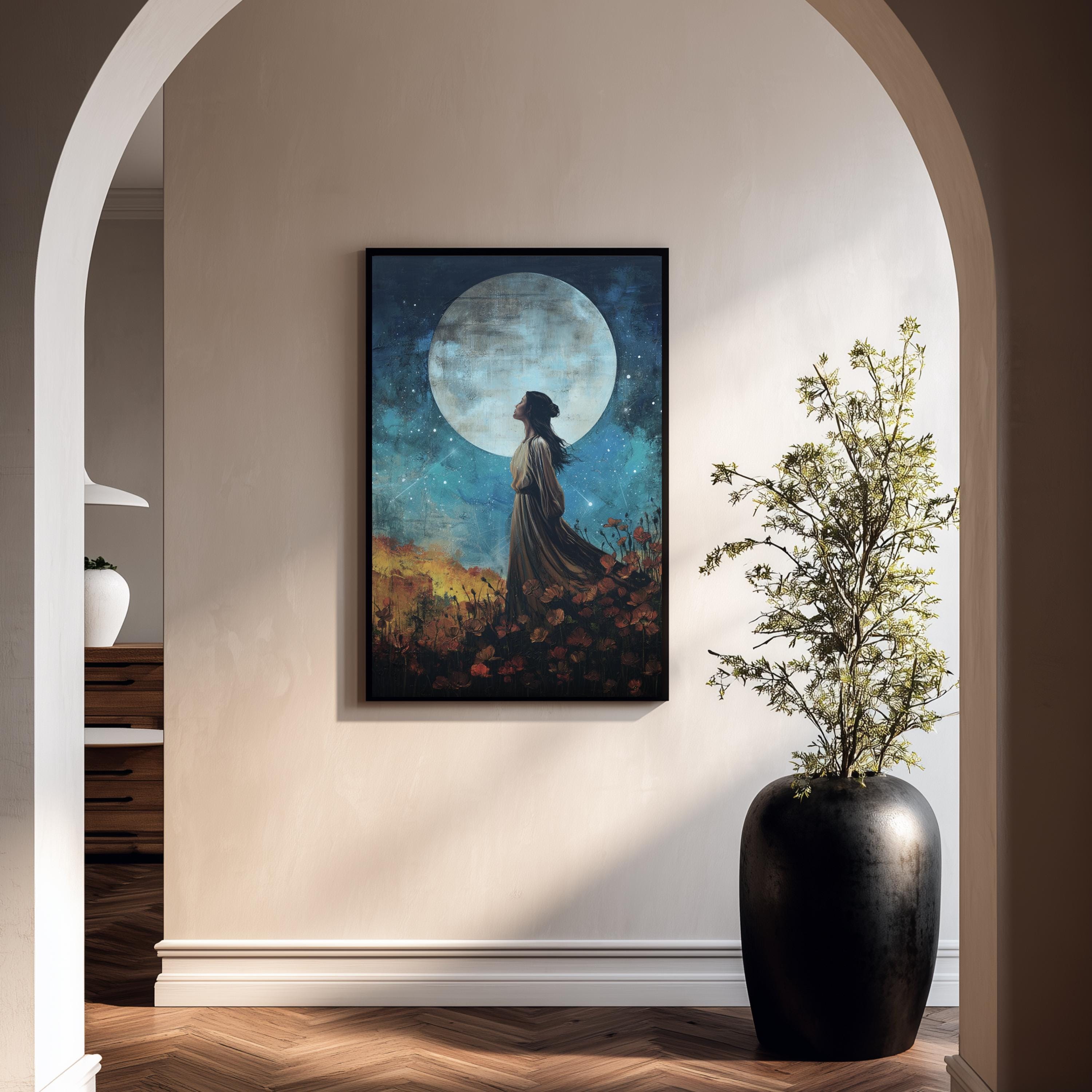 Celestial Woman Wall Art, Moon Goddess Print, Mystical Night Artwork, Feminine Spiritual Decor, Boho Framed Canvas