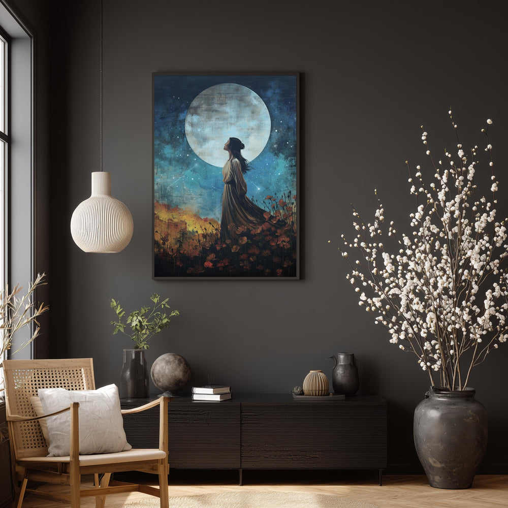 Celestial Woman Wall Art, Moon Goddess Print, Mystical Night Artwork, Feminine Spiritual Decor, Boho Framed Canvas