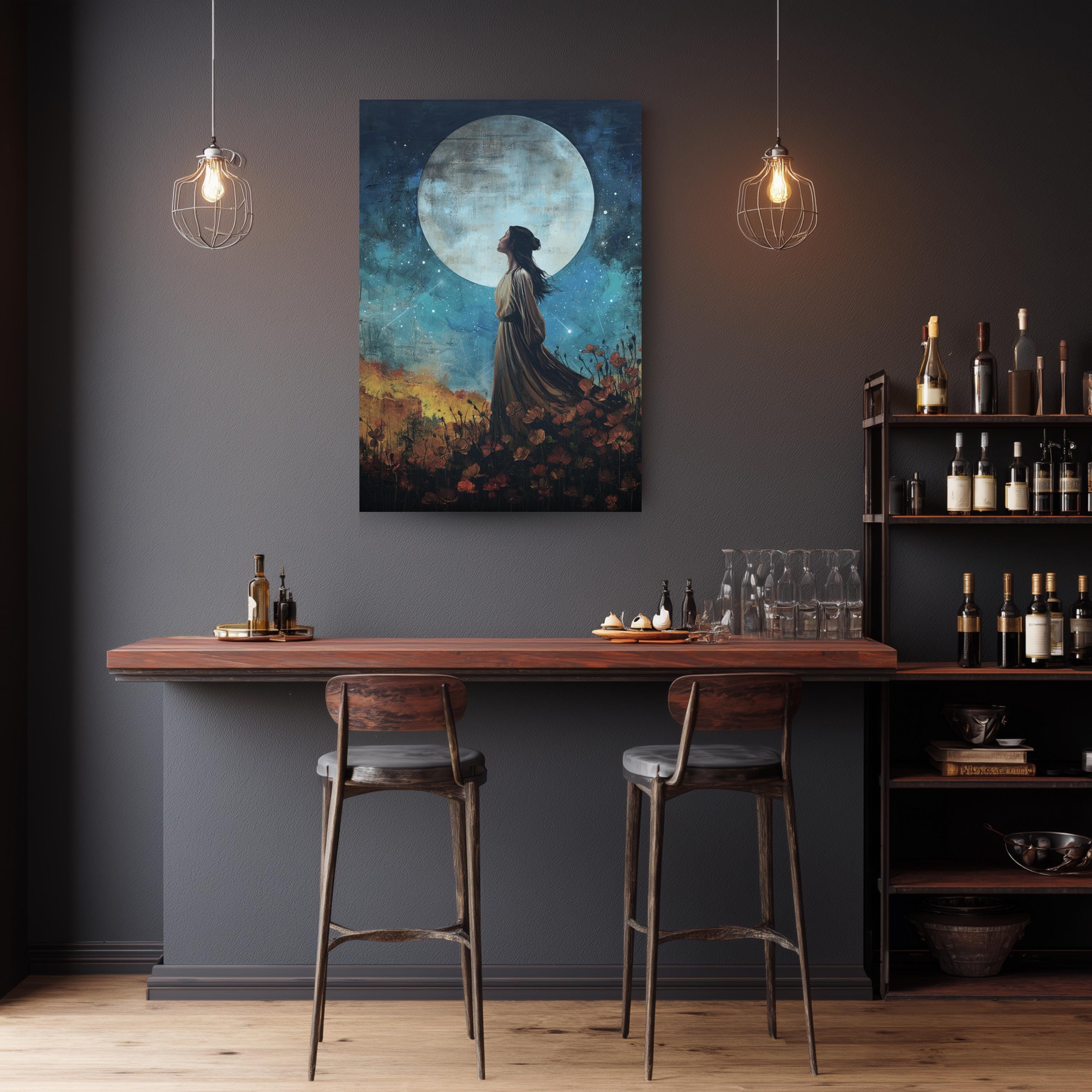 Celestial Woman Wall Art, Moon Goddess Print, Mystical Night Artwork, Feminine Spiritual Decor, Boho Framed Canvas