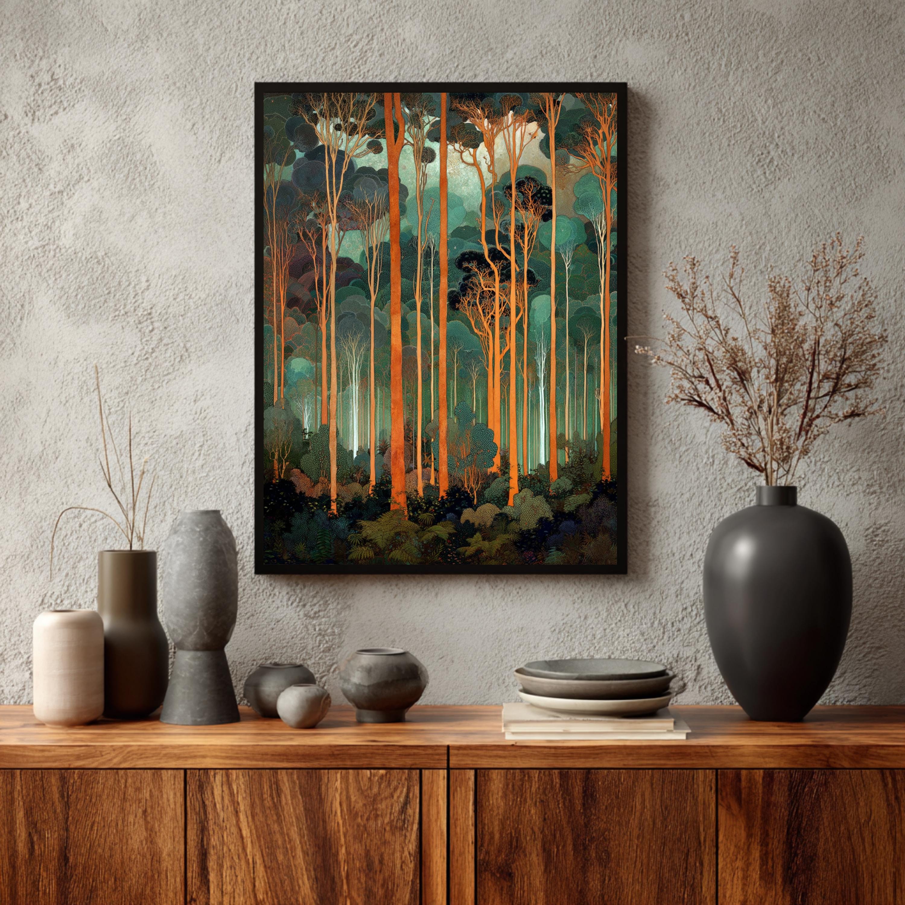 Tall Trees Wall Art, Forest Landscape Print, Teal Green Woodland Decor, Modern Nature Canvas, Vertical Forest Artwork for Living Room