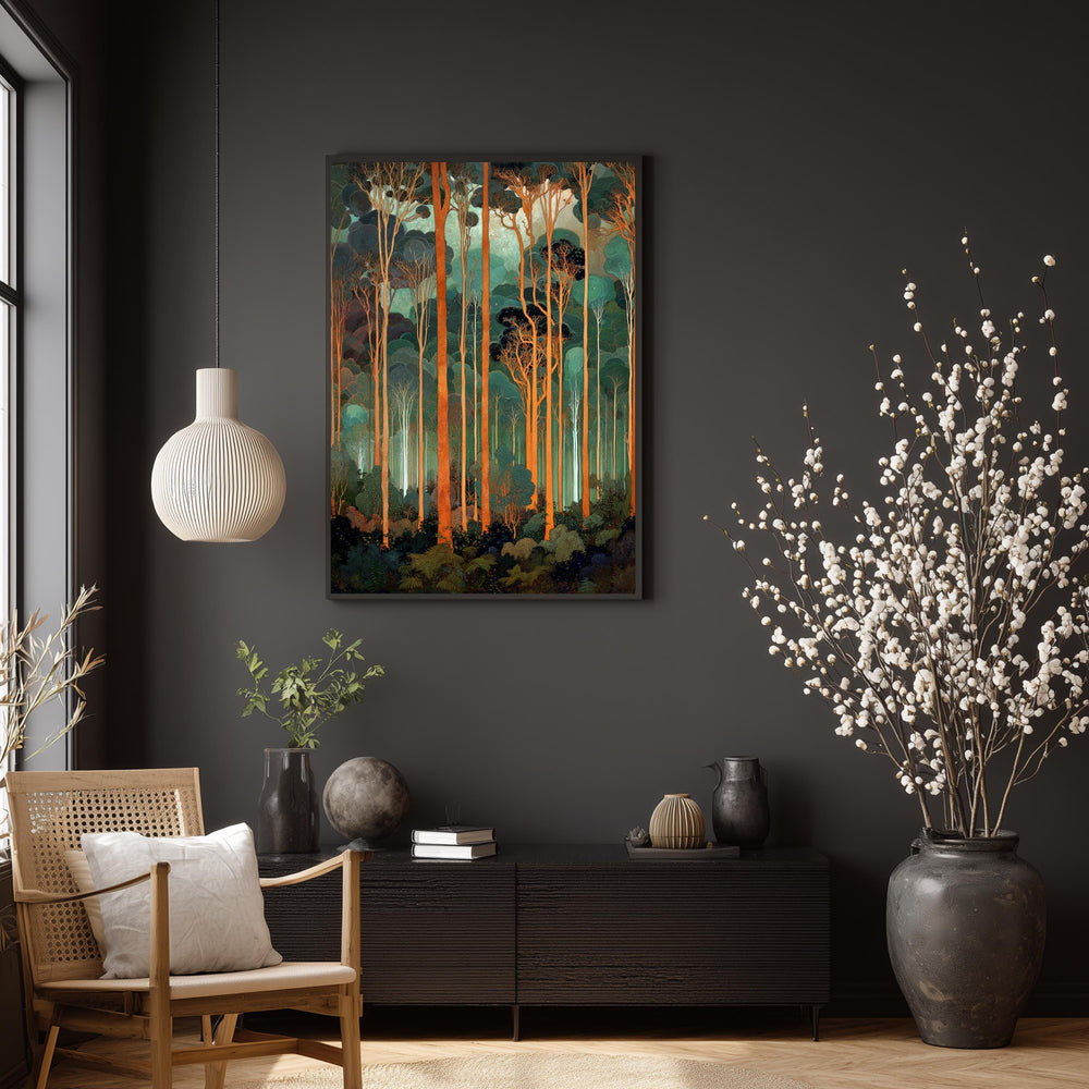 Tall Trees Wall Art, Forest Landscape Print, Teal Green Woodland Decor, Modern Nature Canvas, Vertical Forest Artwork for Living Room