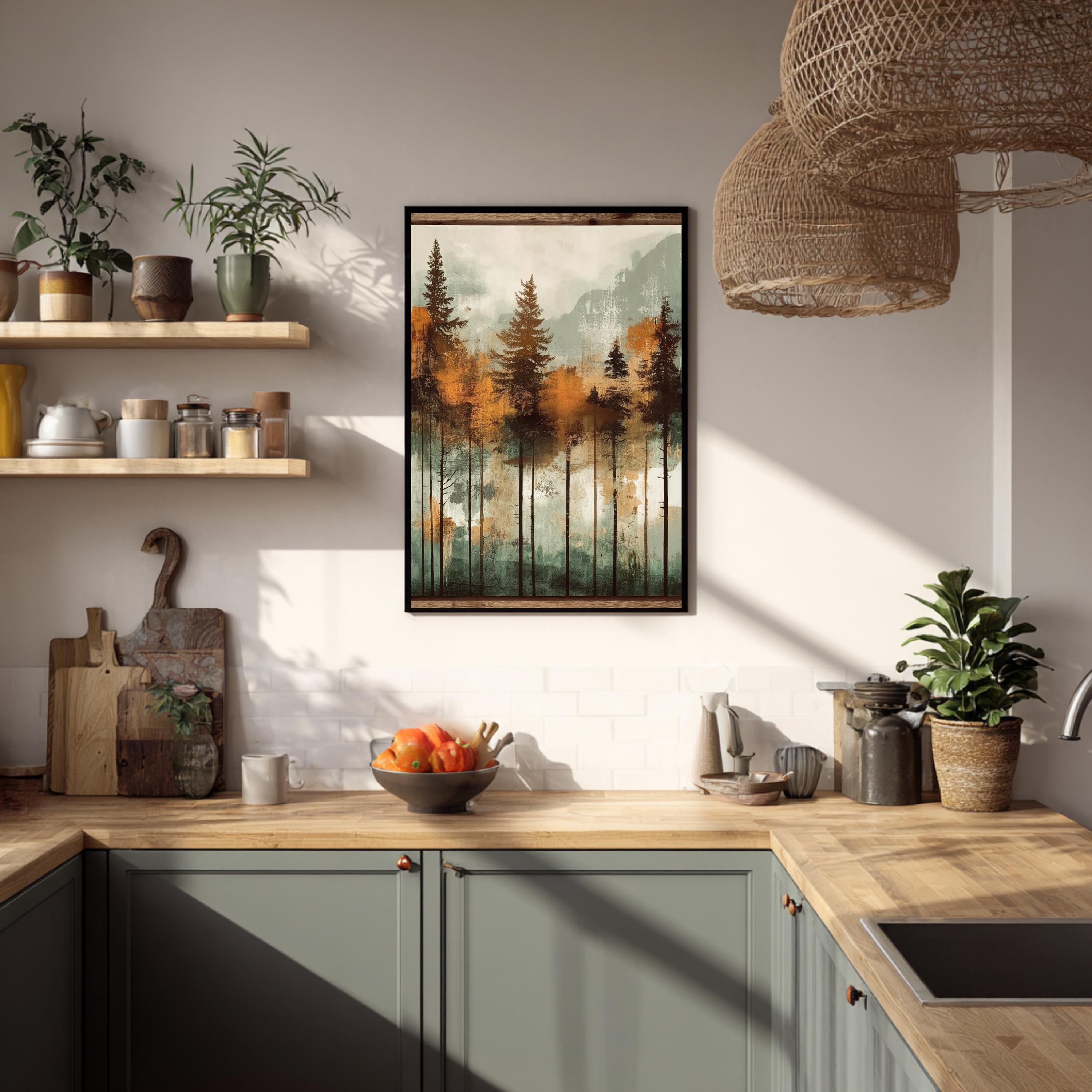 Rustic Forest Wall Art, Mountain Tree Framed Canvas, Cabin Landscape Decor, Earth Tone Nature Print, Woodland Artwork for Living Room