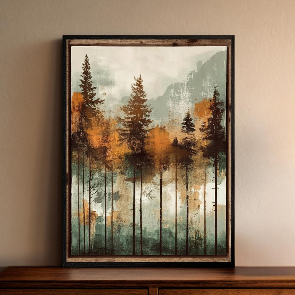 Rustic Forest Wall Art, Mountain Tree Framed Canvas, Cabin Landscape Decor, Earth Tone Nature Print, Woodland Artwork for Living Room