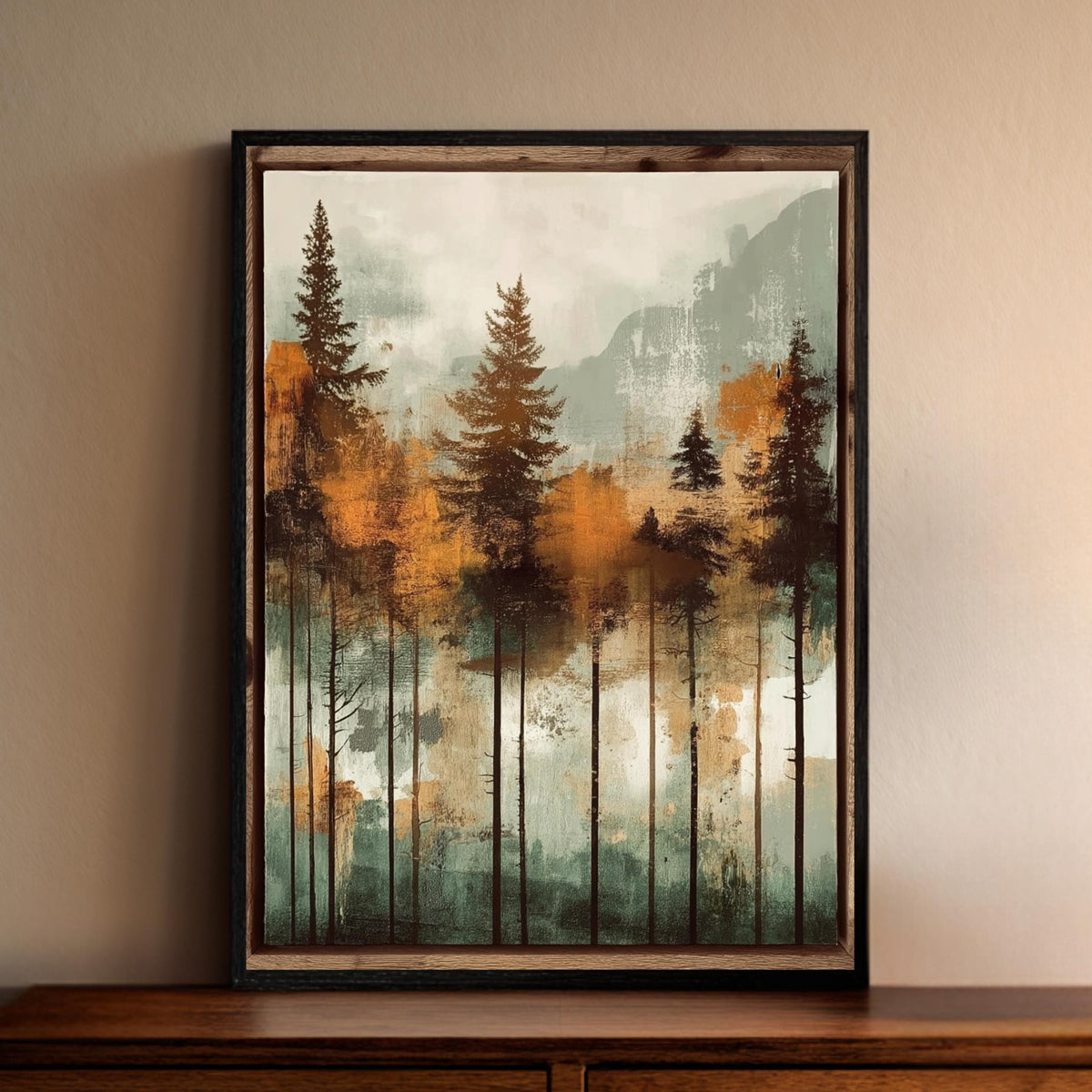 Rustic Forest Wall Art, Mountain Tree Framed Canvas, Cabin Landscape Decor, Earth Tone Nature Print, Woodland Artwork for Living Room