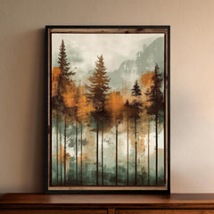 Rustic Forest Wall Art, Mountain Tree Framed Canvas, Cabin Landscape Decor, Earth Tone Nature Print, Woodland Artwork for Living Room