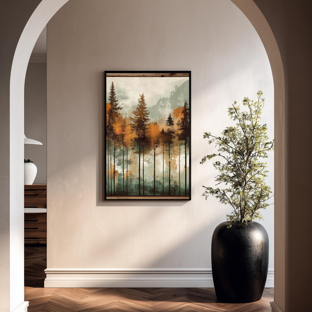 Rustic Forest Wall Art, Mountain Tree Framed Canvas, Cabin Landscape Decor, Earth Tone Nature Print, Woodland Artwork for Living Room
