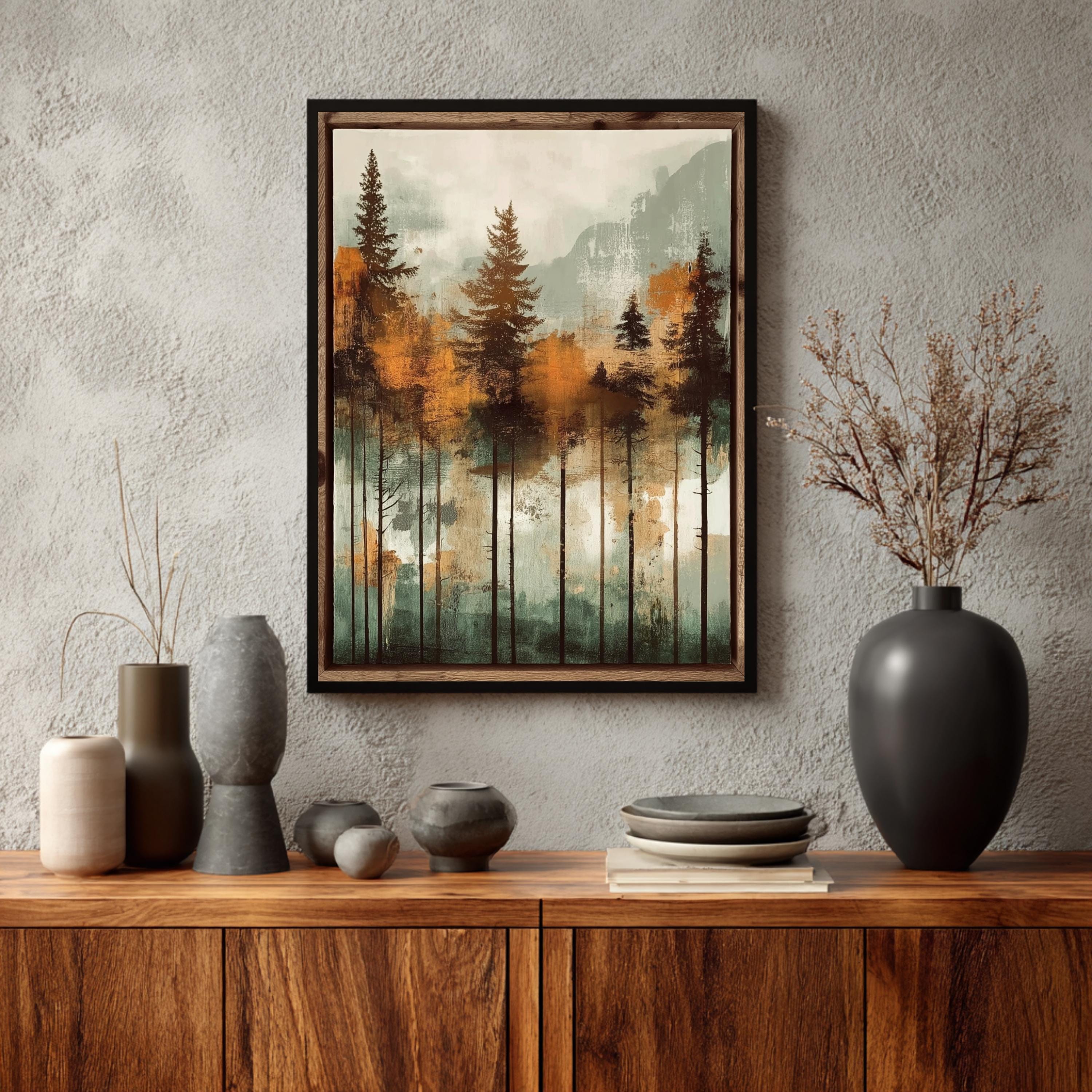 Rustic Forest Wall Art, Mountain Tree Framed Canvas, Cabin Landscape Decor, Earth Tone Nature Print, Woodland Artwork for Living Room
