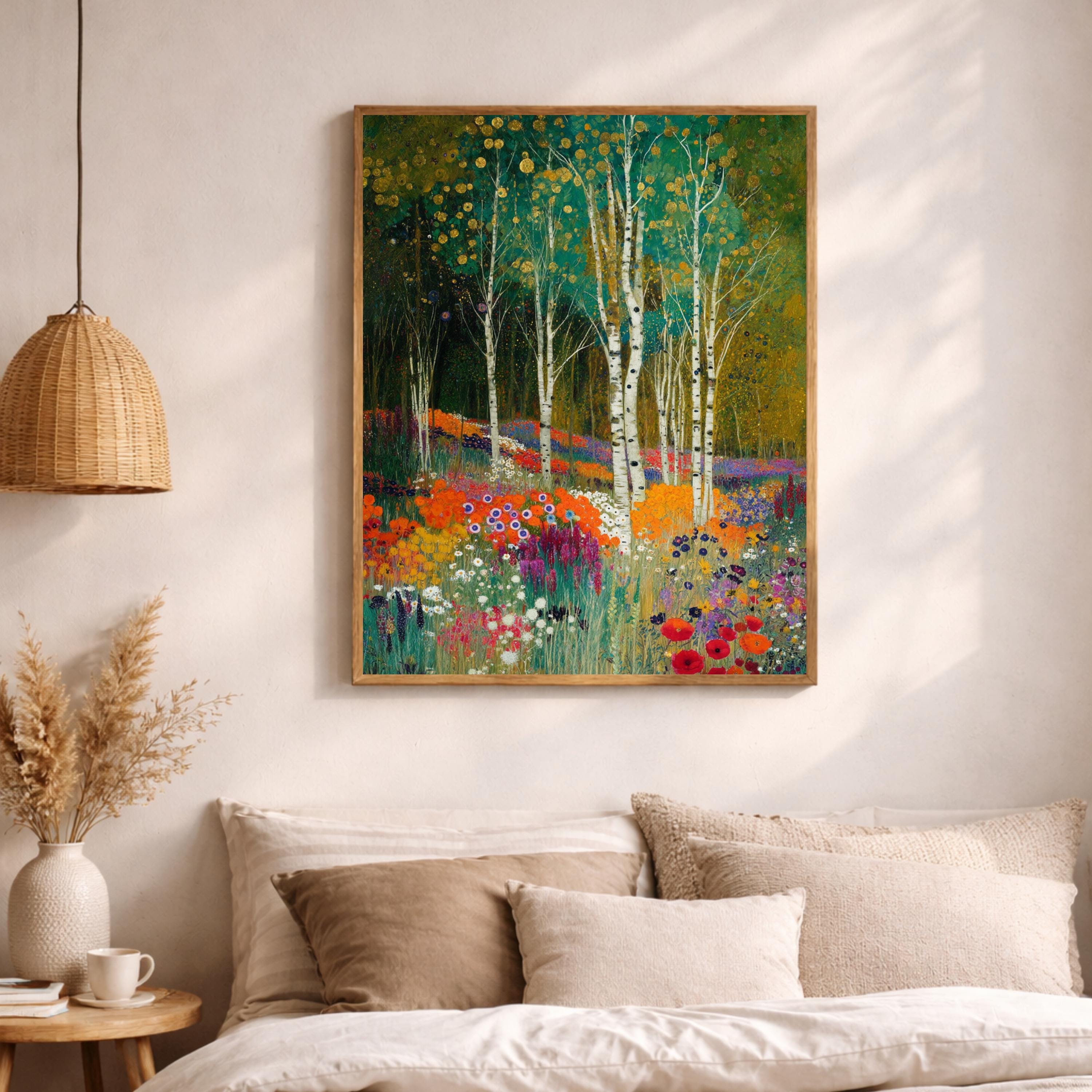 Birch Tree Wall Art, Wildflower Meadow Print, Vibrant Floral Landscape Canvas, Nature Garden Artwork, Cottagecore Decor