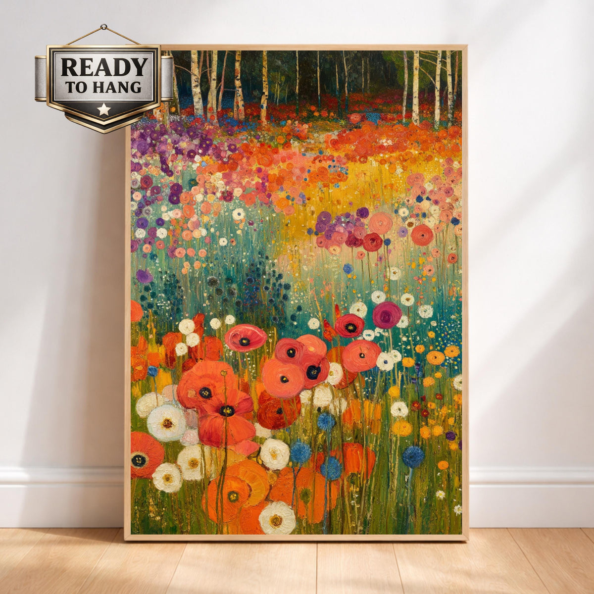 Wildflower Meadow Wall Art, Birch Tree Landscape Print, Vibrant Floral Field Artwork, Cottagecore Nature Decor, Garden Framed Canvas