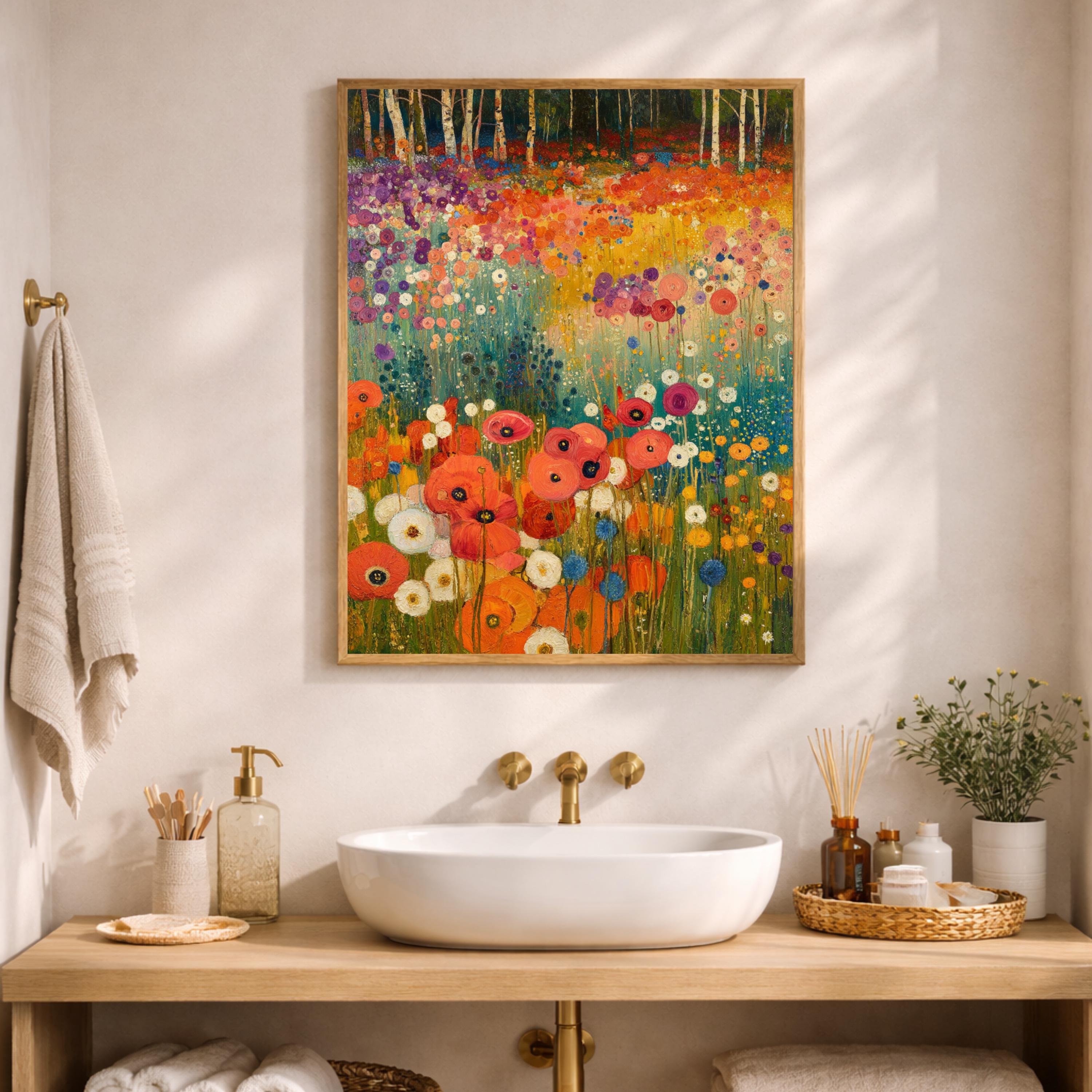 Wildflower Meadow Wall Art, Birch Tree Landscape Print, Vibrant Floral Field Artwork, Cottagecore Nature Decor, Garden Framed Canvas