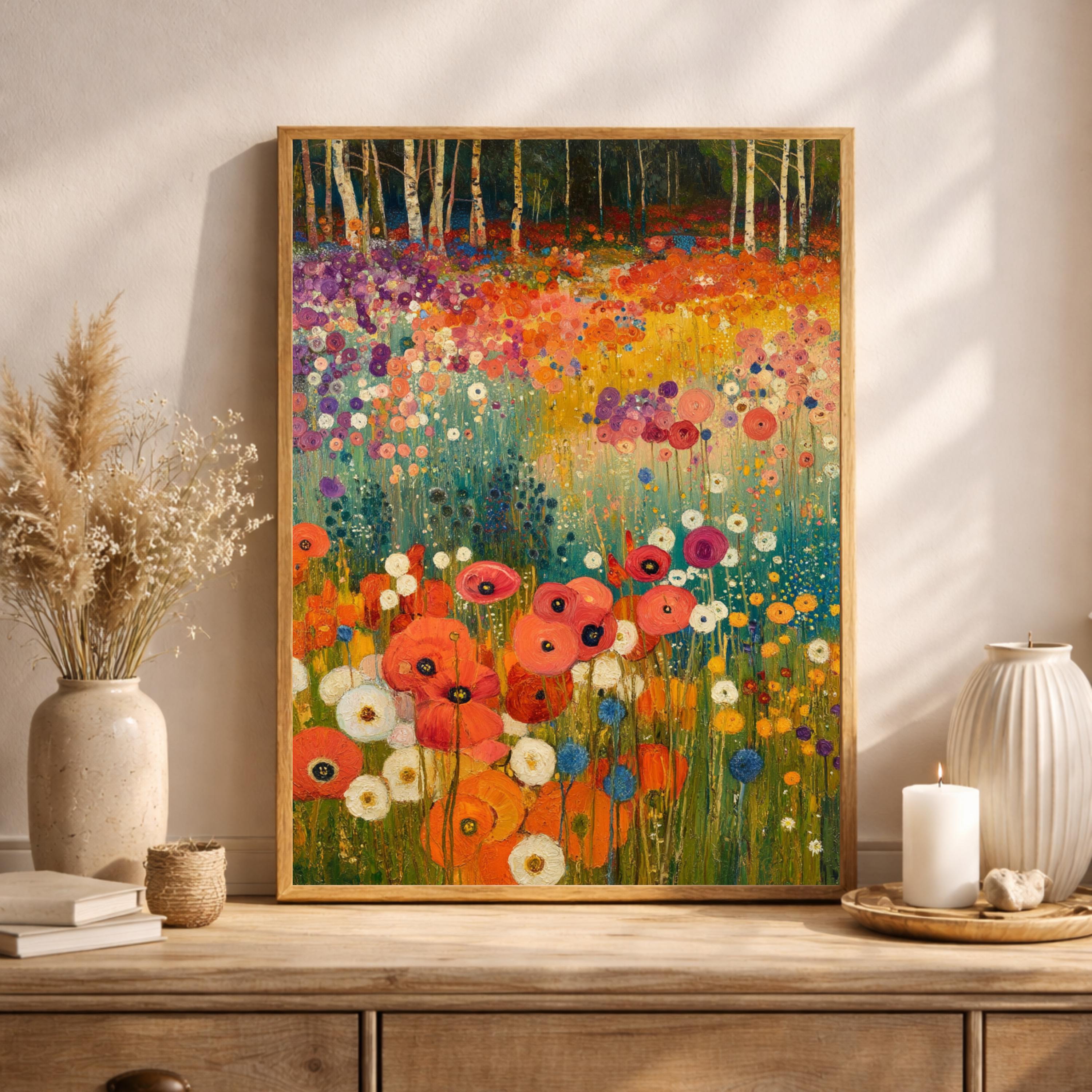 Wildflower Meadow Wall Art, Birch Tree Landscape Print, Vibrant Floral Field Artwork, Cottagecore Nature Decor, Garden Framed Canvas