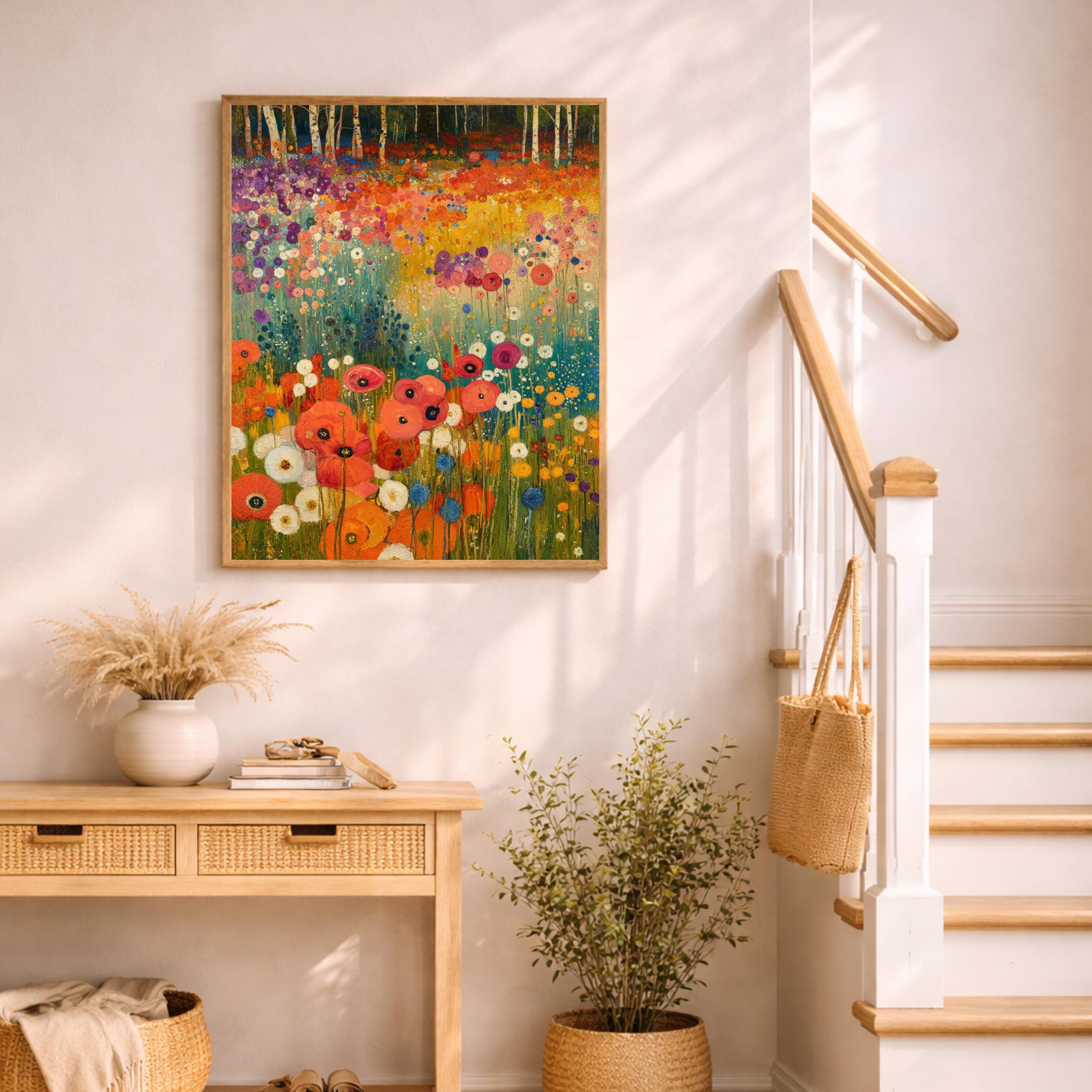 Wildflower Meadow Wall Art, Birch Tree Landscape Print, Vibrant Floral Field Artwork, Cottagecore Nature Decor, Garden Framed Canvas