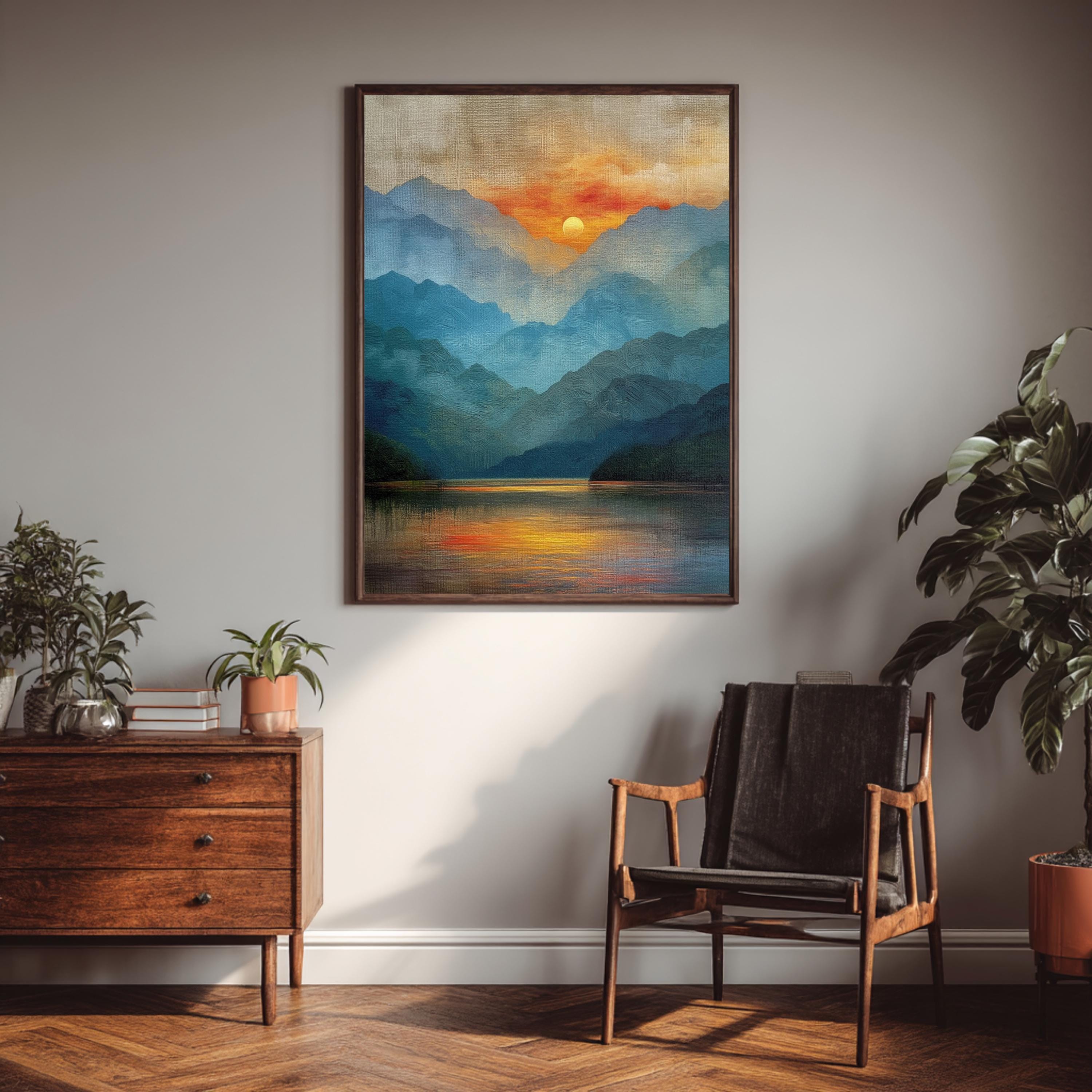 Mountain Lake Wall Art, Sunset Reflection Print, Scenic Landscape Artwork, Nature Home Decor, Calm Wilderness Framed Canvas