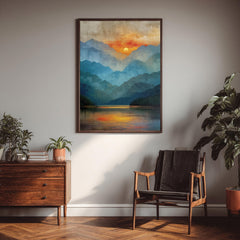Mountain Lake Wall Art, Sunset Reflection Print, Scenic Landscape Artwork, Nature Home Decor, Calm Wilderness Framed Canvas