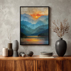 Mountain Lake Wall Art, Sunset Reflection Print, Scenic Landscape Artwork, Nature Home Decor, Calm Wilderness Framed Canvas
