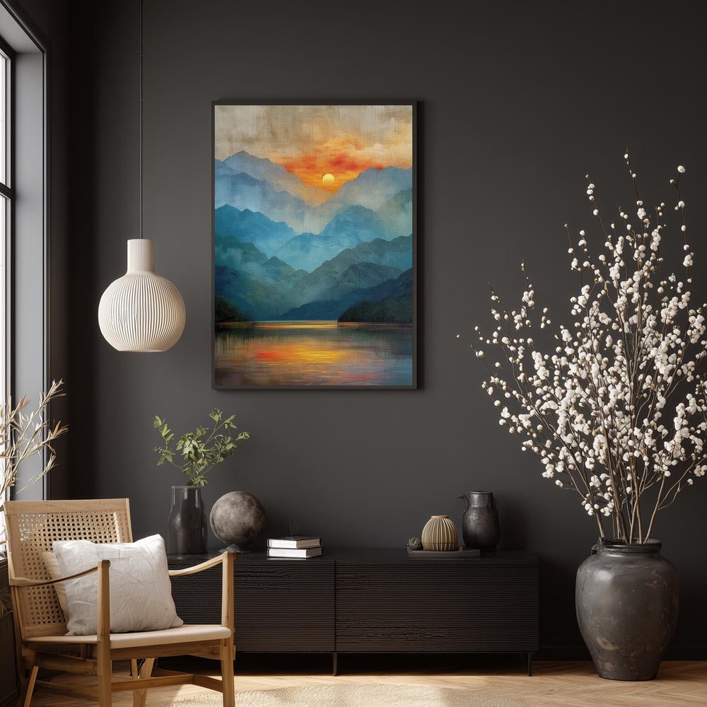Mountain Lake Wall Art, Sunset Reflection Print, Scenic Landscape Artwork, Nature Home Decor, Calm Wilderness Framed Canvas