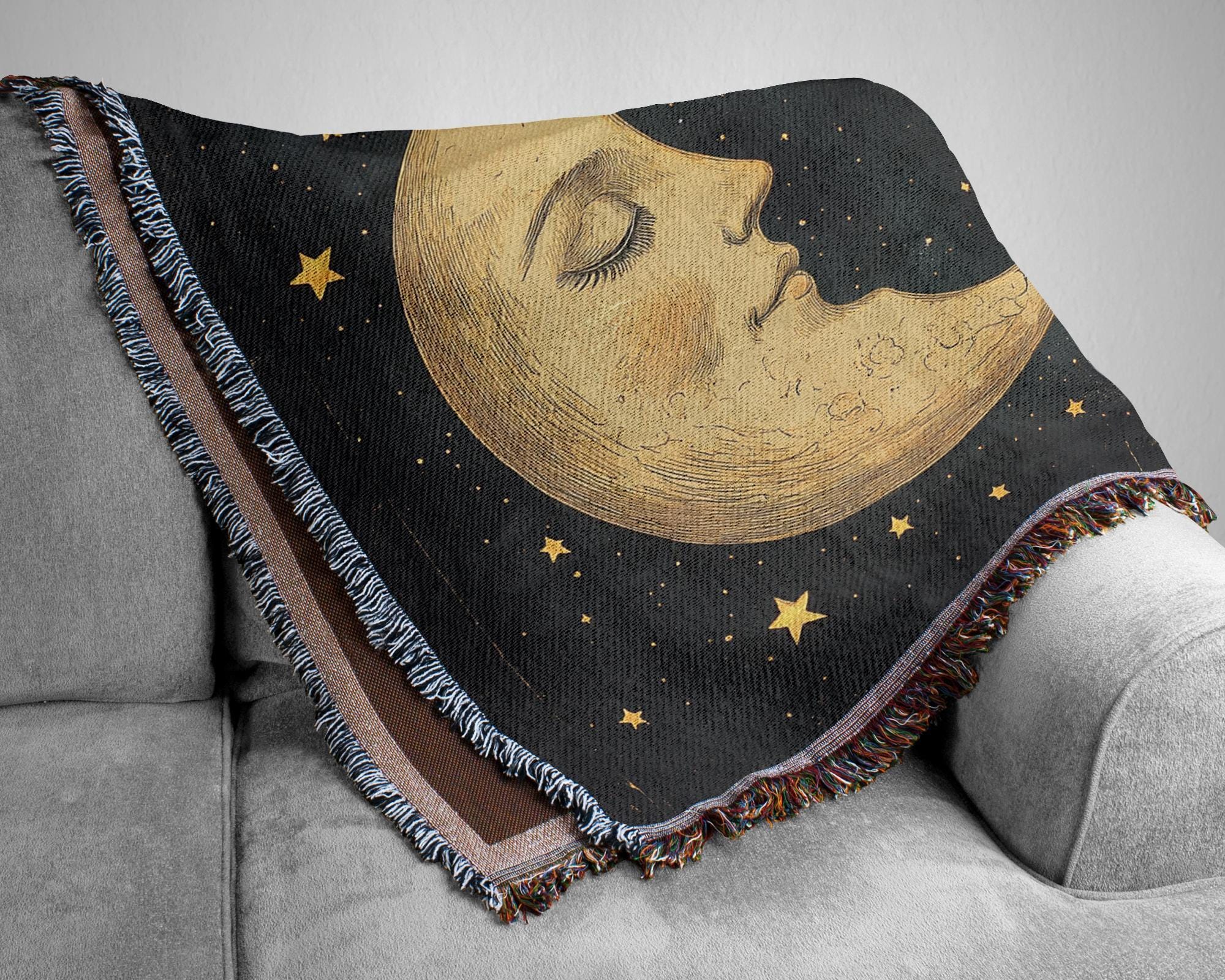 Celestial Moon Woven Blanket, Mystical Throw Blanket Couch, Woven Cotton Blanket, Moon Lover Picnic Blanket, Living Room Couch Bed Blanket