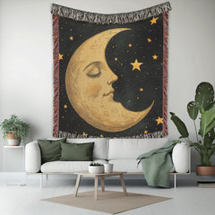 Celestial Moon Woven Blanket, Mystical Throw Blanket Couch, Woven Cotton Blanket, Moon Lover Picnic Blanket, Living Room Couch Bed Blanket