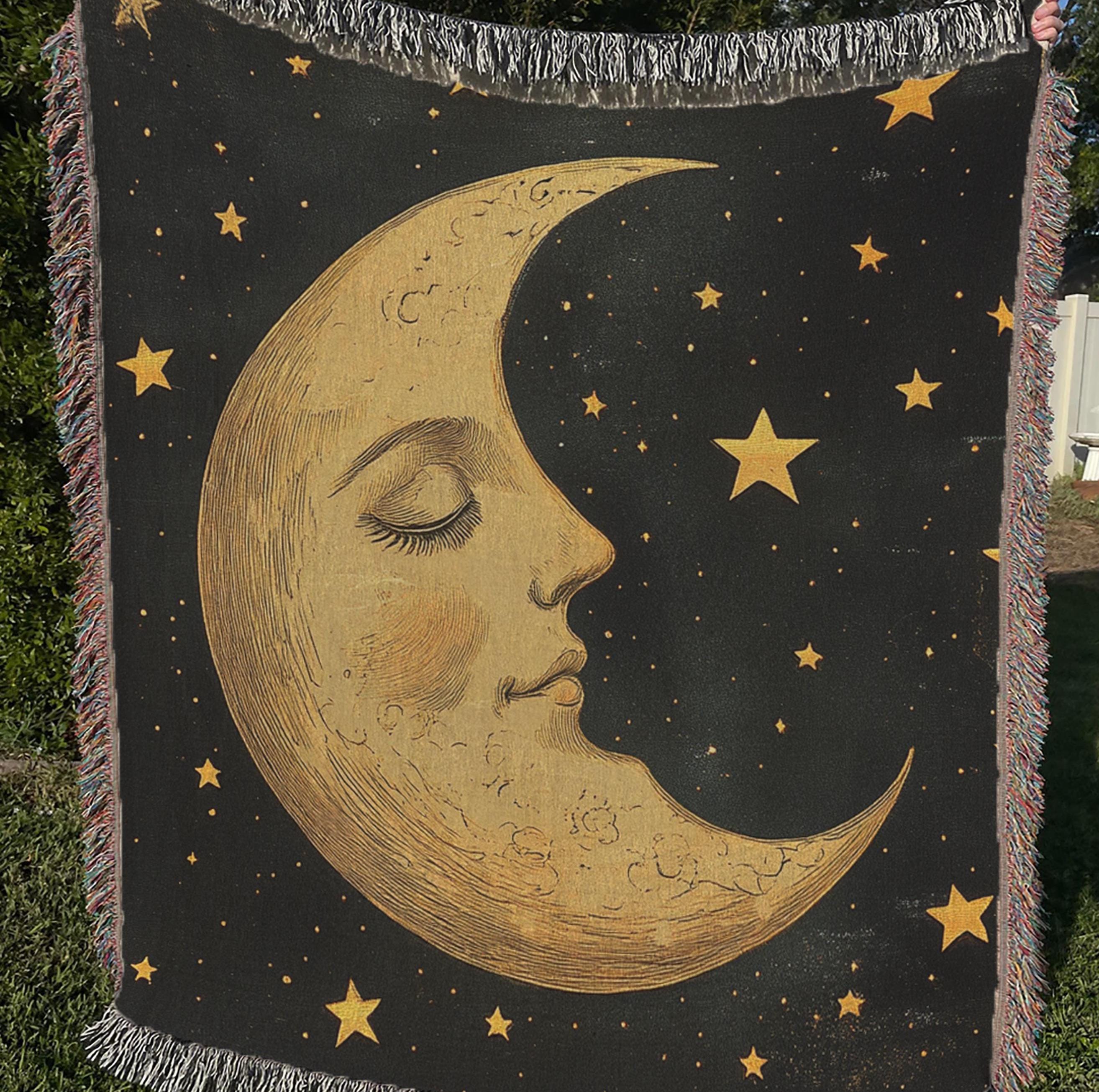 Celestial Moon Woven Blanket, Mystical Throw Blanket Couch, Woven Cotton Blanket, Moon Lover Picnic Blanket, Living Room Couch Bed Blanket