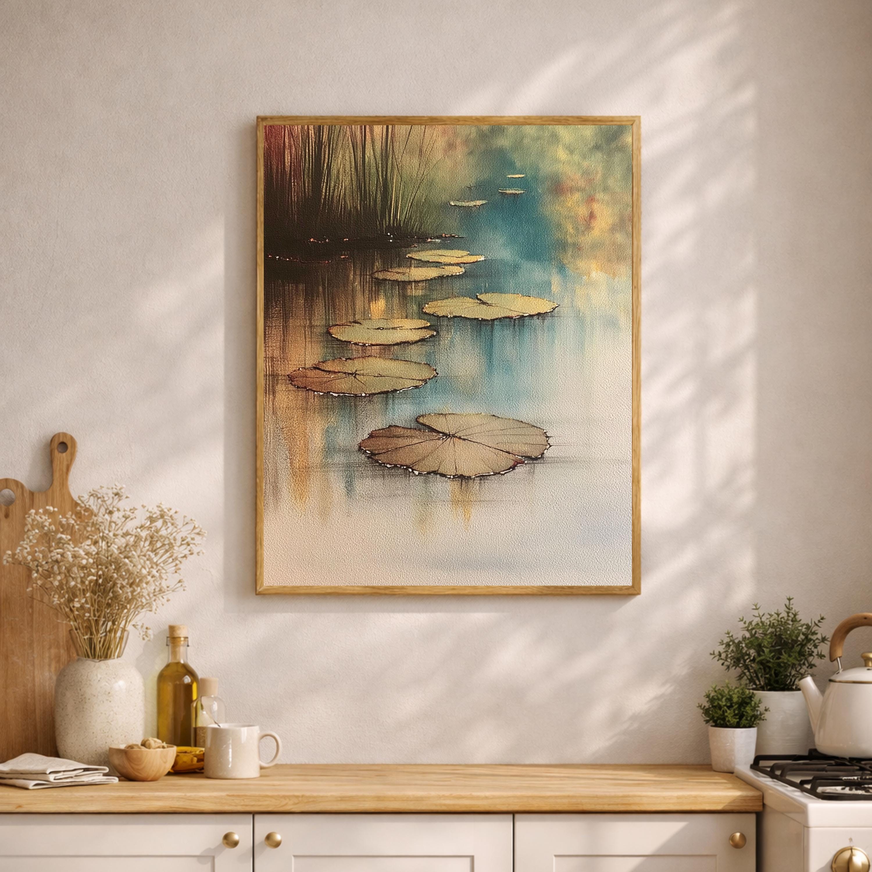 Lily Pad Pond Wall Art, Serene Water Landscape Print, Botanical Nature Decor, Neutral Calm Artwork, Zen Pond Framed Canvas