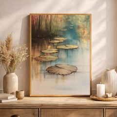 Lily Pad Pond Wall Art, Serene Water Landscape Print, Botanical Nature Decor, Neutral Calm Artwork, Zen Pond Framed Canvas