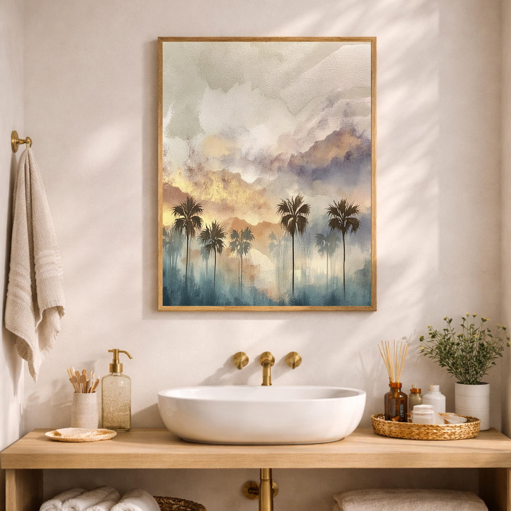 Palm Tree Wall Art, Tropical Sunset Print, Coastal Landscape Artwork, Boho Beach Framed Canvas, Neutral Warm Decor for Living Room