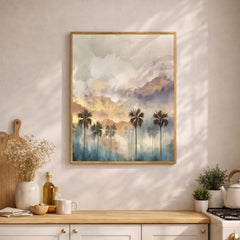 Palm Tree Wall Art, Tropical Sunset Print, Coastal Landscape Artwork, Boho Beach Framed Canvas, Neutral Warm Decor for Living Room