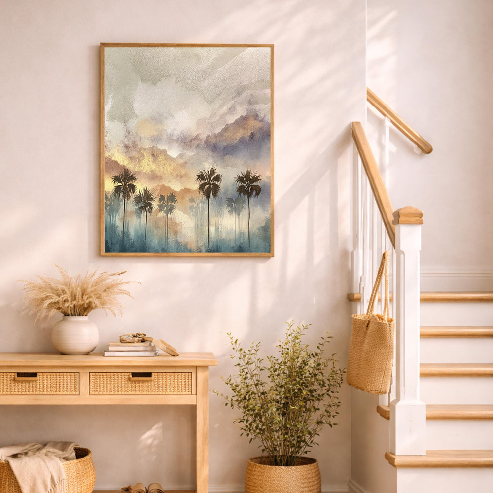 Palm Tree Wall Art, Tropical Sunset Print, Coastal Landscape Artwork, Boho Beach Framed Canvas, Neutral Warm Decor for Living Room