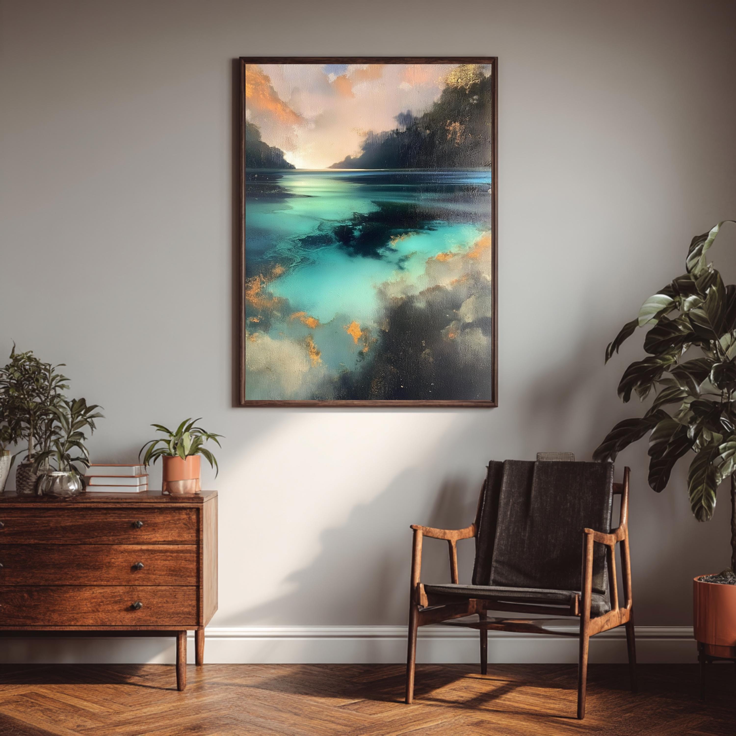 Turquoise Lagoon Wall Art, Abstract Coastal Artwork, Teal Water Framed Canvas, Moody Ocean Print, Statement Decor for Living Room