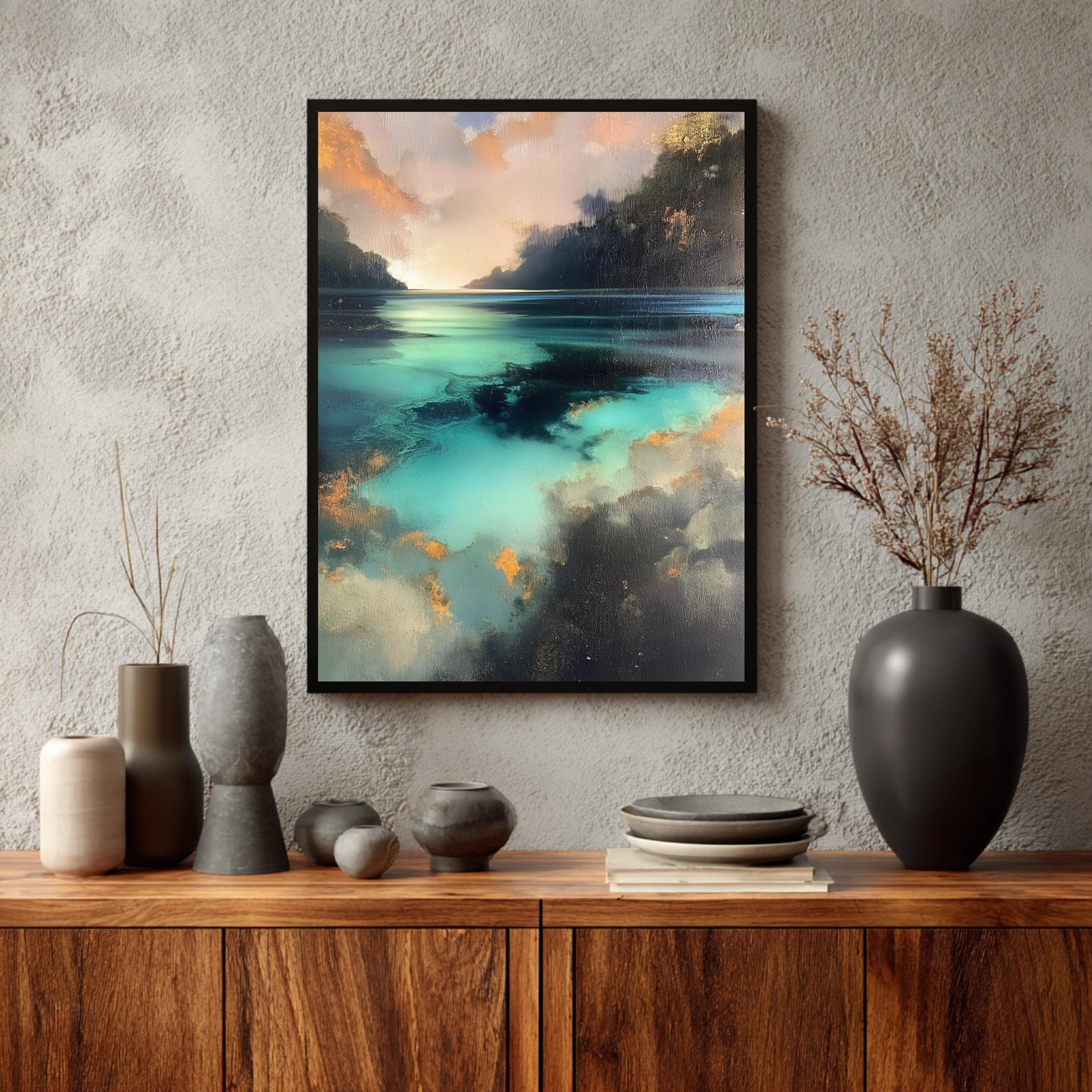 Turquoise Lagoon Wall Art, Abstract Coastal Artwork, Teal Water Framed Canvas, Moody Ocean Print, Statement Decor for Living Room