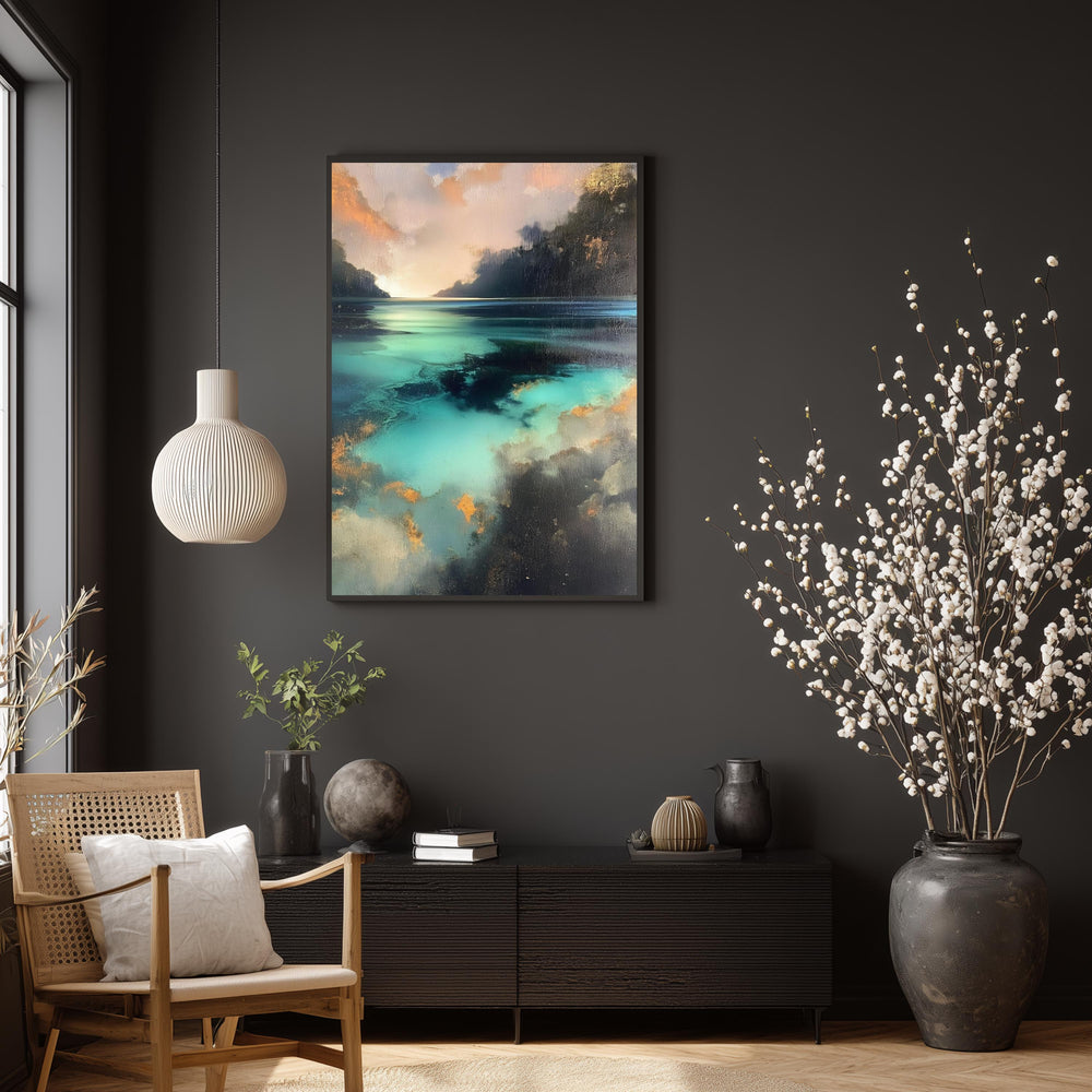 Turquoise Lagoon Wall Art, Abstract Coastal Artwork, Teal Water Framed Canvas, Moody Ocean Print, Statement Decor for Living Room