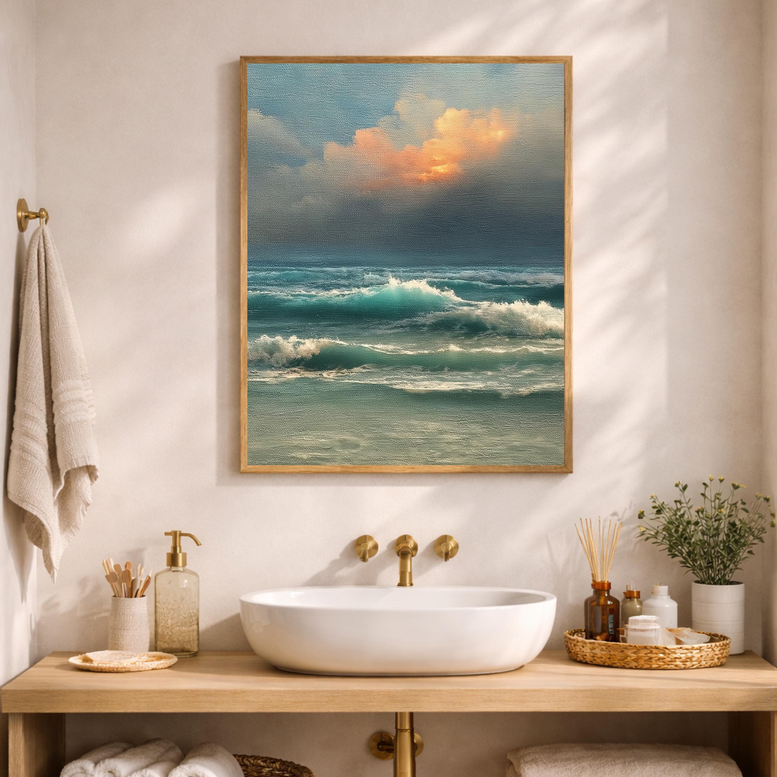 Ocean Waves Wall Art, Moody Seascape Print, Dramatic Ocean Artwork, Coastal Sunset Framed Canvas, Beach House Decor