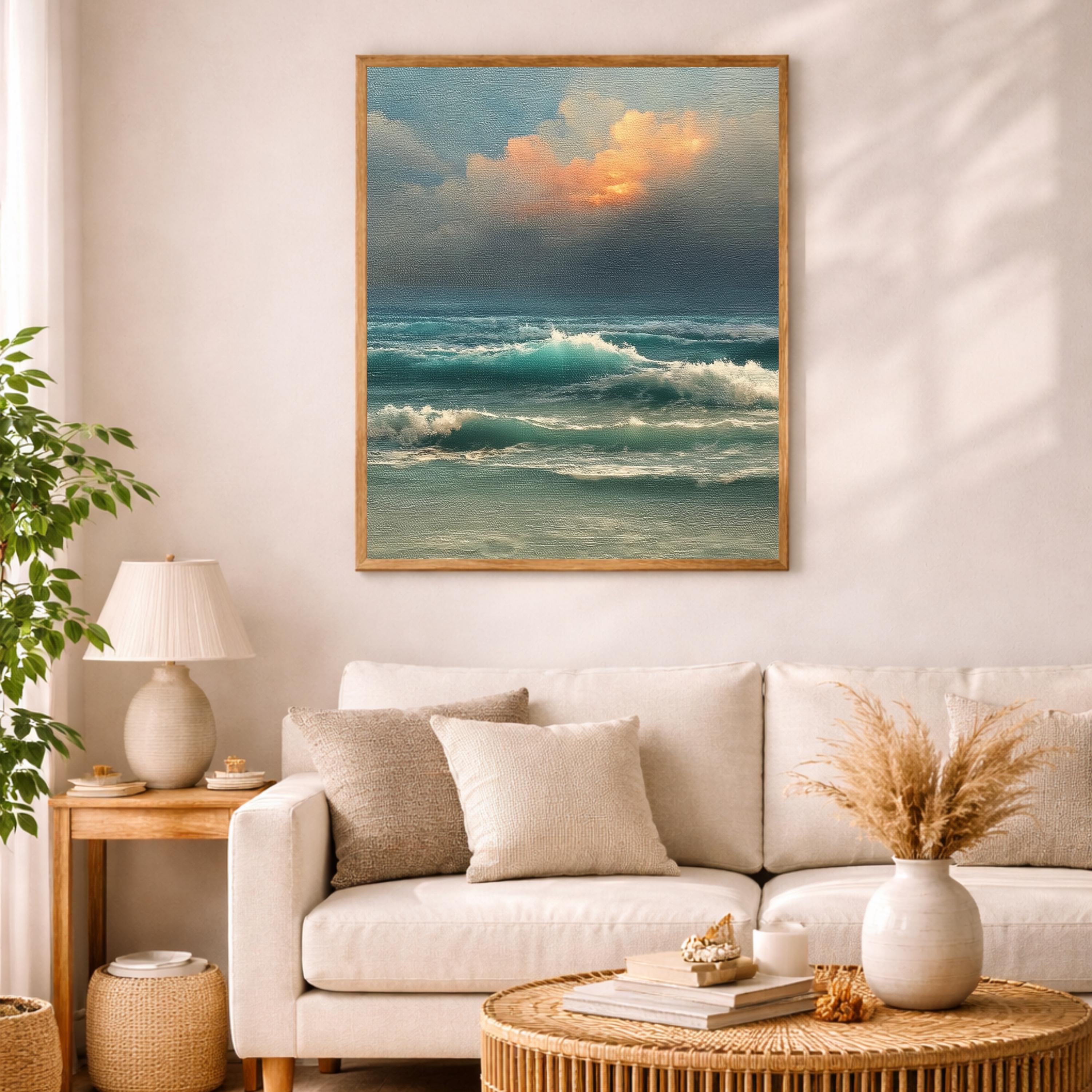Ocean Waves Wall Art, Moody Seascape Print, Dramatic Ocean Artwork, Coastal Sunset Framed Canvas, Beach House Decor